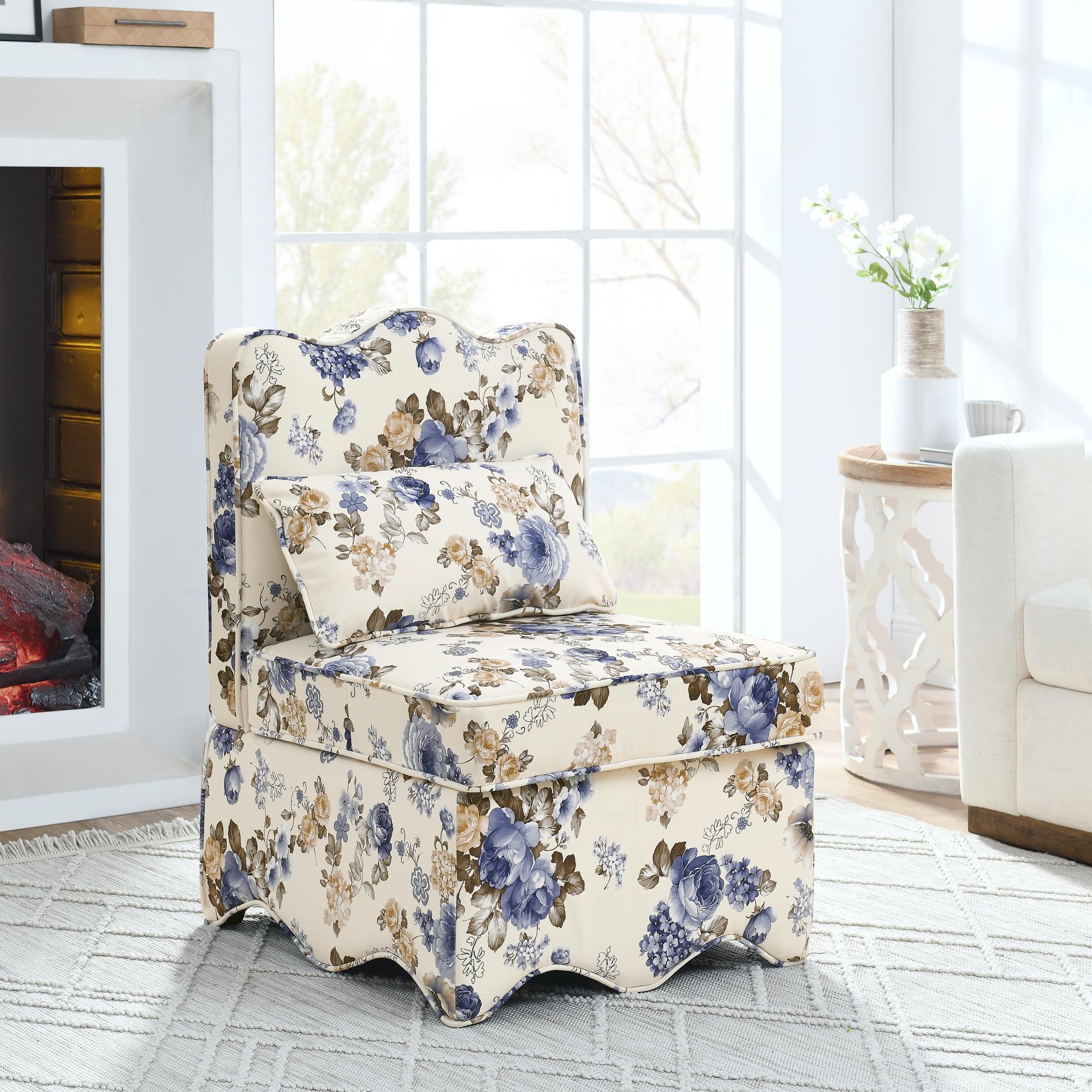 Floral Farmhouse Armless Dining Chairs Set of 1 – 23.62'' Wide Blue Upholstered Accent Chair with Padded Seat, Comfy Flannel Parsons Chair for Kitchen