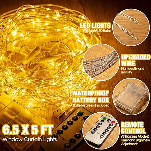 Miniatura 3 de Guirnalda de luces de cortina para ventana, 6.5 x 5 pies, tapiz LED de cobre, luces parpadeantes, funciona con pilas, 8 modos de iluminación,
