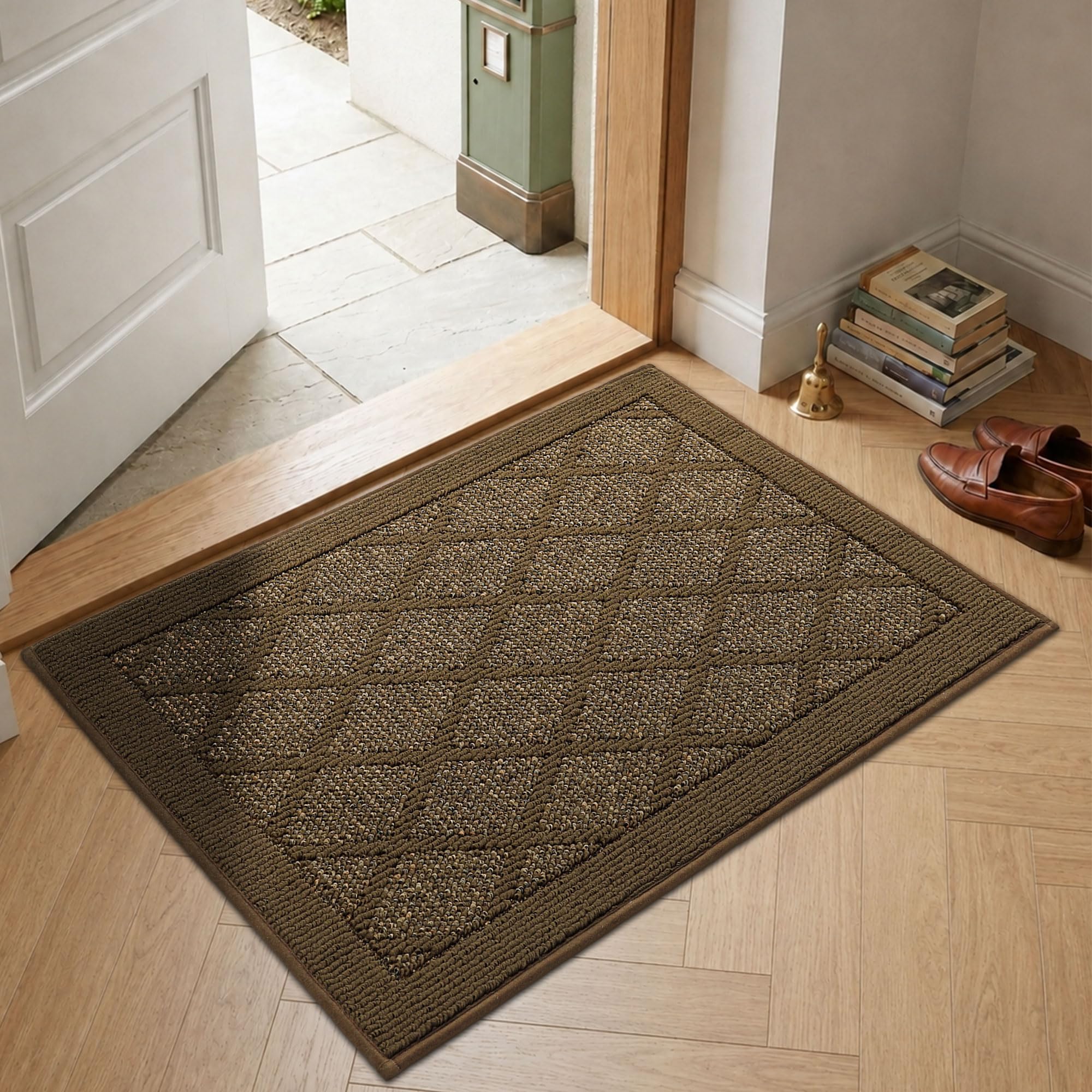 COSY HOMEER Indoor Door Mat Non Slip Floor Rug, Absorbent Dirt Trapper Door Matts, Machine Washable Floor Mat for Inside Hallway Kitchen Entrance,1cm Low Profile, Crease-Free Rolled, 60x90 cm, Brown