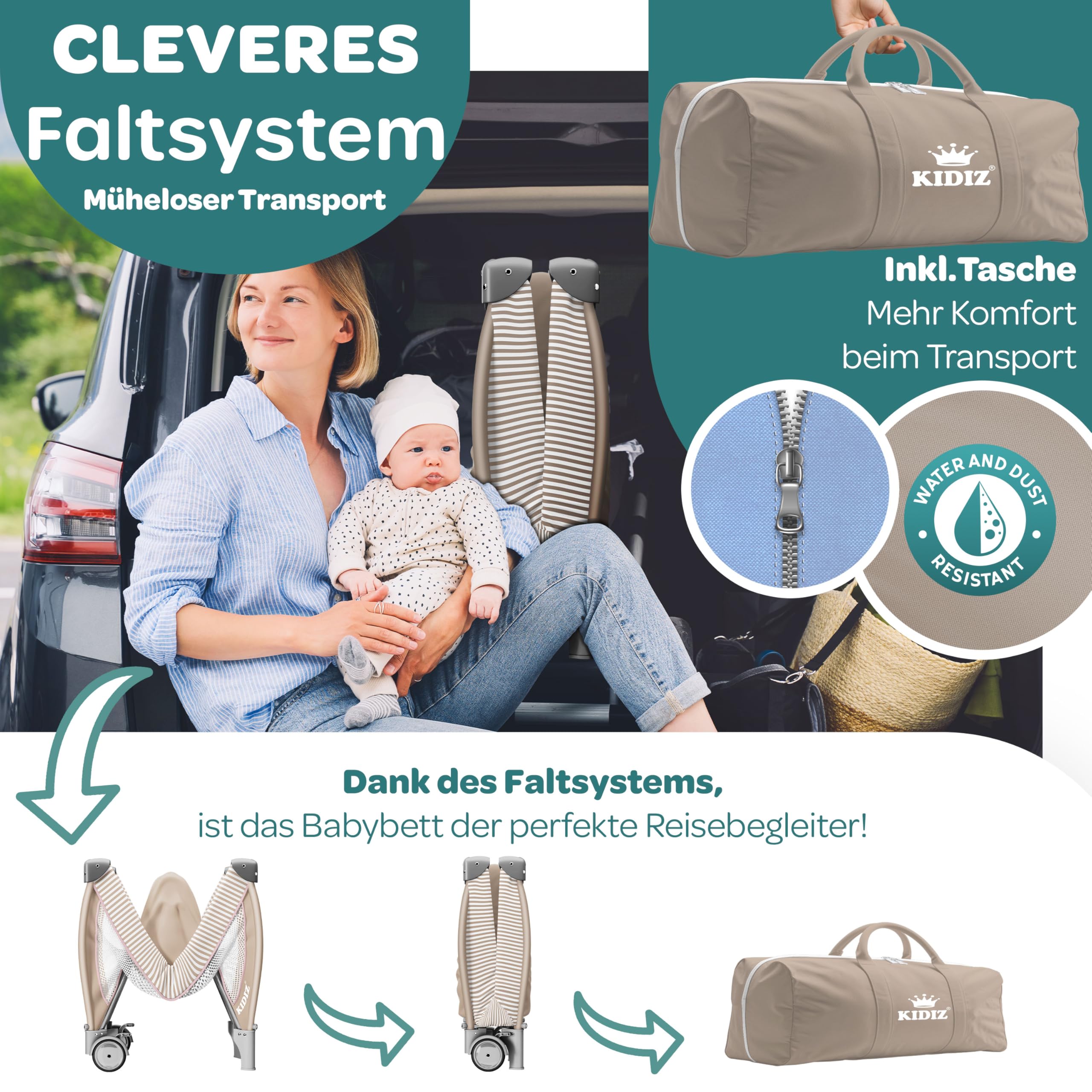 KIDIZ® Łóżeczko dziecięce 3 w 1, turystyczne, zestaw kombi, łóżeczko z przewijakiem, moskitiera, kojec, do 15 kg, przewiewne ściany boczne z wejściem bocznym, składana torba transportowa, niebieski
