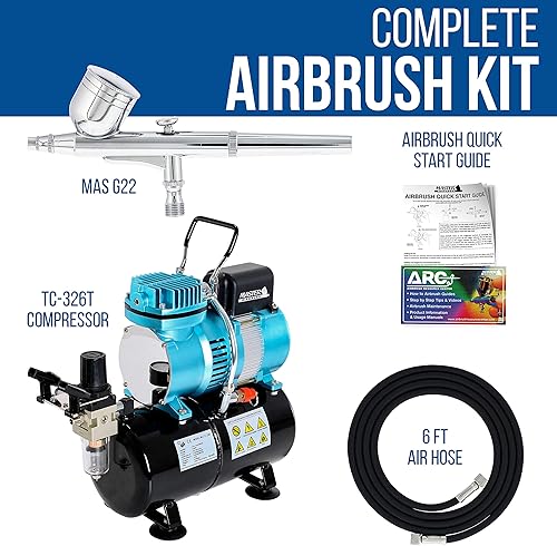 Miniatura 2 de Master Airbrush, G22, juego de aerógrafo con compresor Master TC-20T con tanque de aire, manguera neumática y acción dual G22, alimentación por
