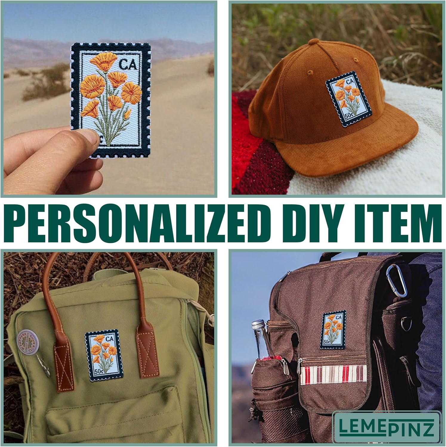 California Stamp Flower 3 Inches Embroidery Patch, Iron On/Sew On Travel Embroidered Applique Patch, Travel Patches, Fabric Patches for Clothes Backpacks Hats, Traveling DIY Accessories Gifts