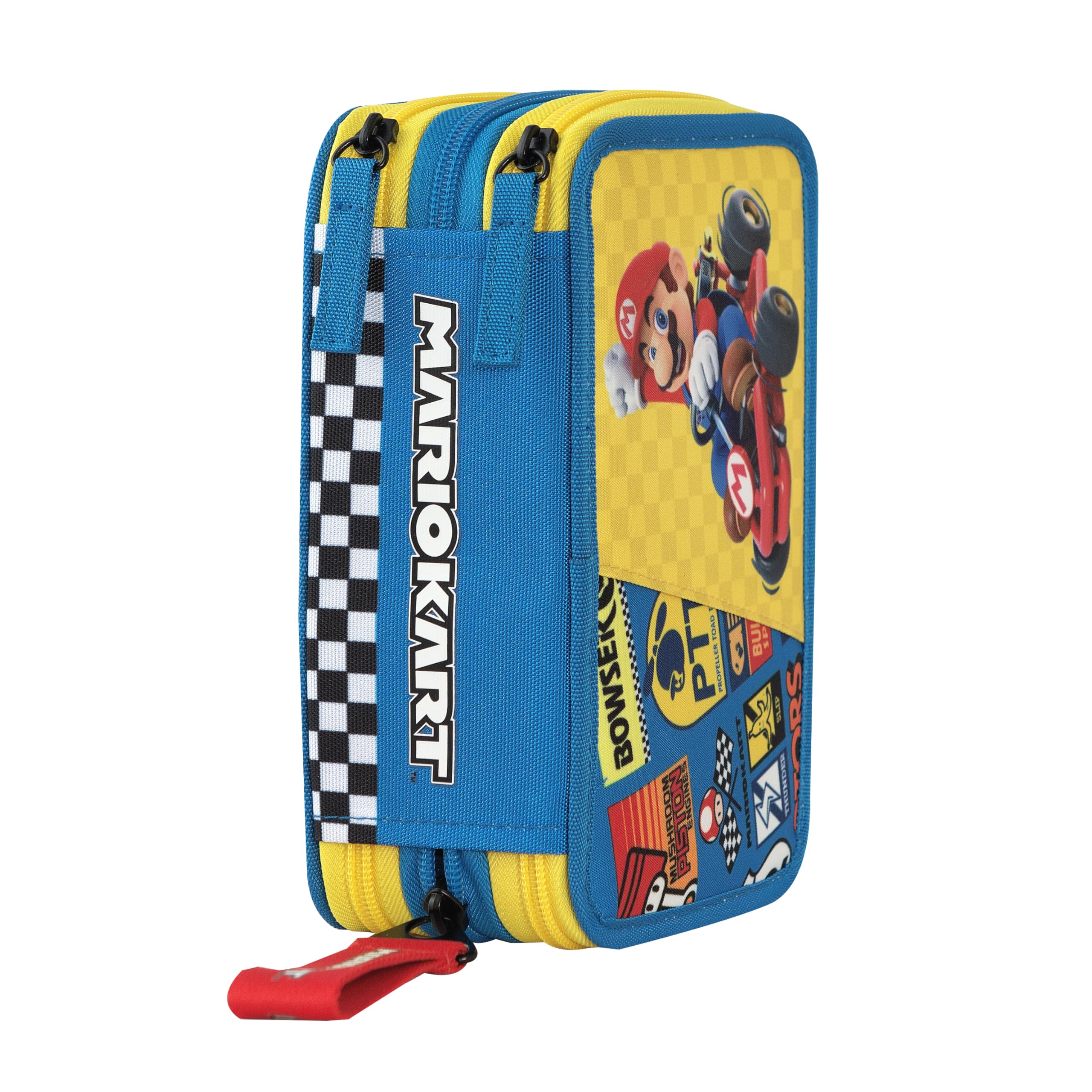 MARIO KART - Astuccio Scuola Ufficiale Mario Kart, Astuccio 3 Scomparti Bambino e Bambina con Set Cancelleria, Penna Cancellabile Blu e Pratica Chiusura a Zip