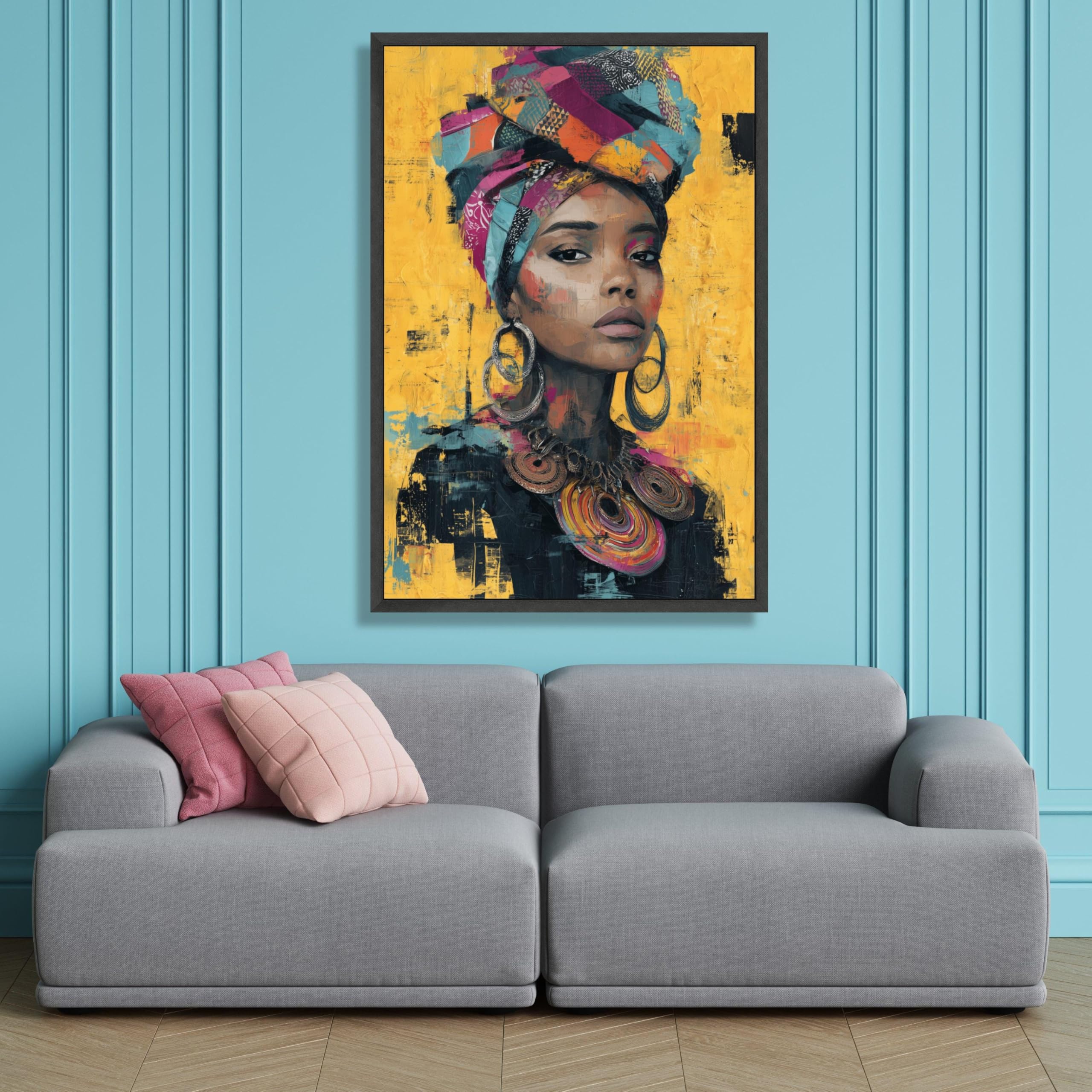 XINBAO Płótno przedstawiające portret afrykańskiej kobiety z kolorowym szalikiem. Nowoczesna dekoracja ścienna w stylu boho, gotowa do powieszenia (30 x 40 cm/rama wewnętrzna).