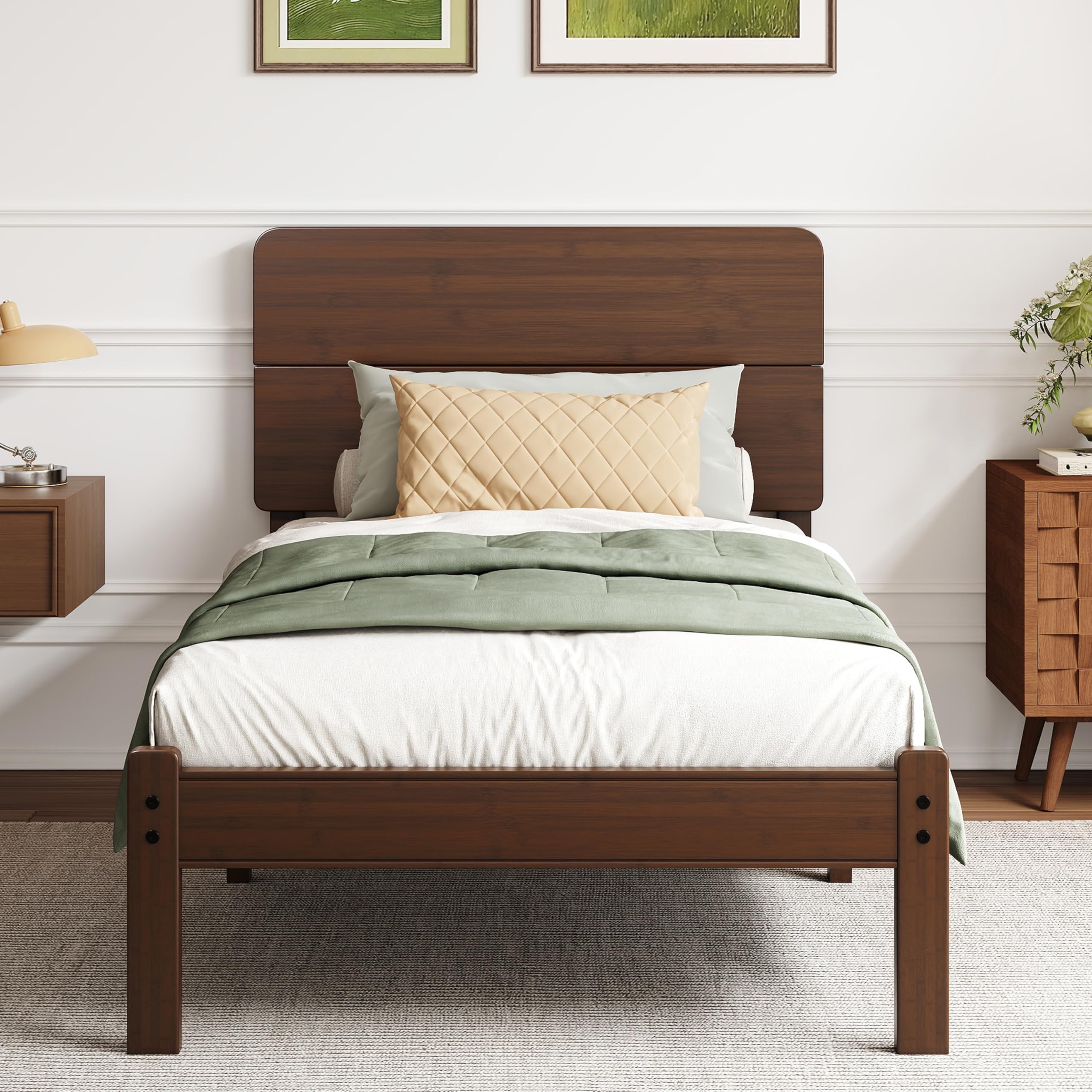 BOSRII 14in High Solid Bamboo Wood Platform Twin Size Bed Frame with Headboard, Reinforced Heavy Duty Metal Slats, Noise Free, No Box Spring Needed, Easy Assembly, Walnut