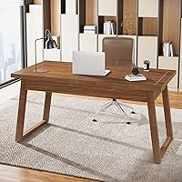 Tribesigns 55" Mid-Century Modern Executive Desk with Drawer - Solid Wood Legs, Walnut Brown Home Office Computer Writing Table