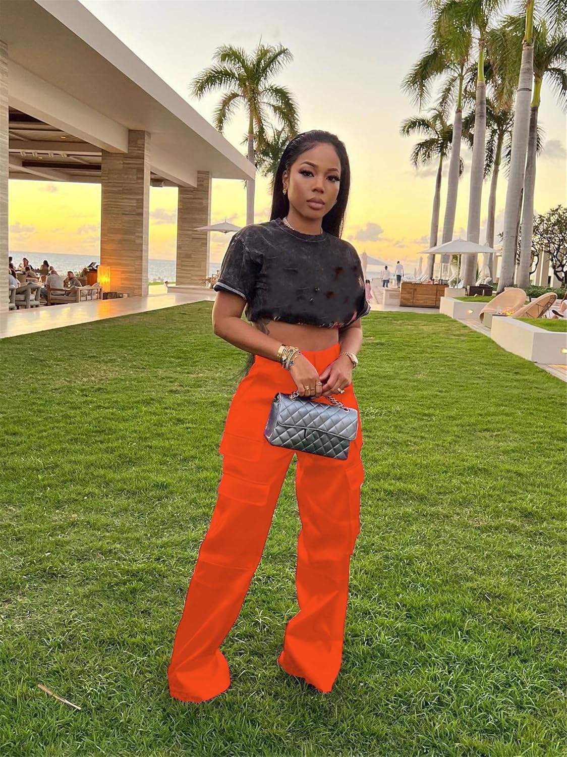 CALEBGAR Womens Cargo Pants Casual High Wasited Wide Leg Parachute Pants with Pockets - Image 3