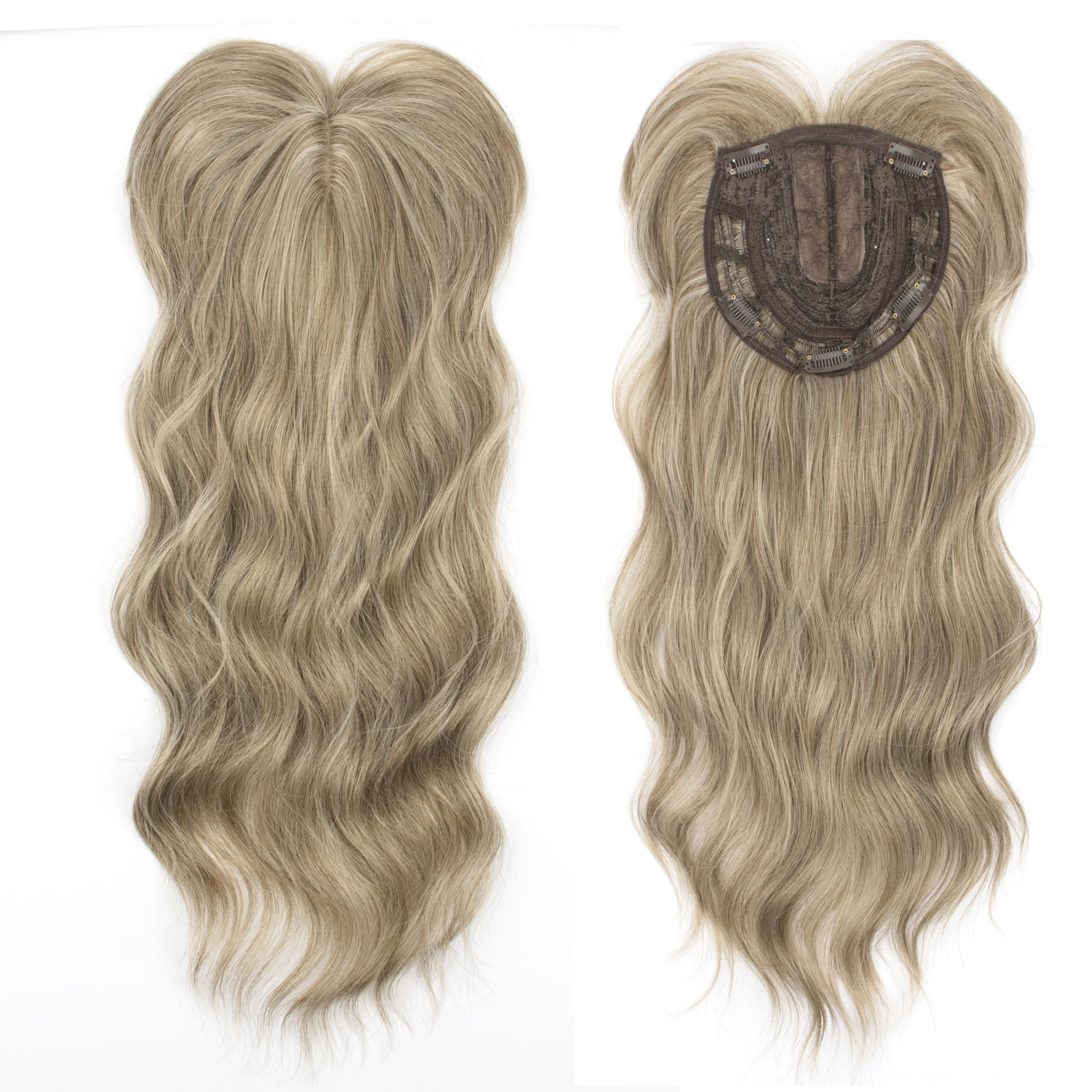 PORSMEER Brown Mix Blonde Hair Toppers for Women Ladies Add Hair Volume 20 inch Long Wavy HairPieces Replacement Clip In Wiglets with Fringe - Image 2