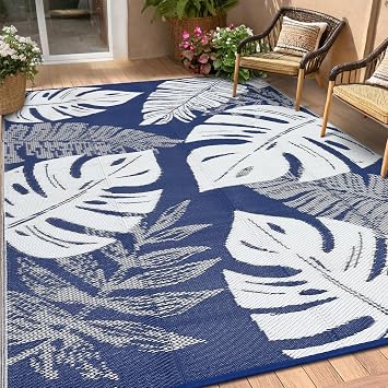 Outdoor Rug Waterproof 8 x 10 Reversible Plastic Straw Rug, Modern Tropics Palm Leaf Patio Rug Outdoor RV Carpet, Large Area Rug for Camping Porch Deck Balcony Beach, Blue White