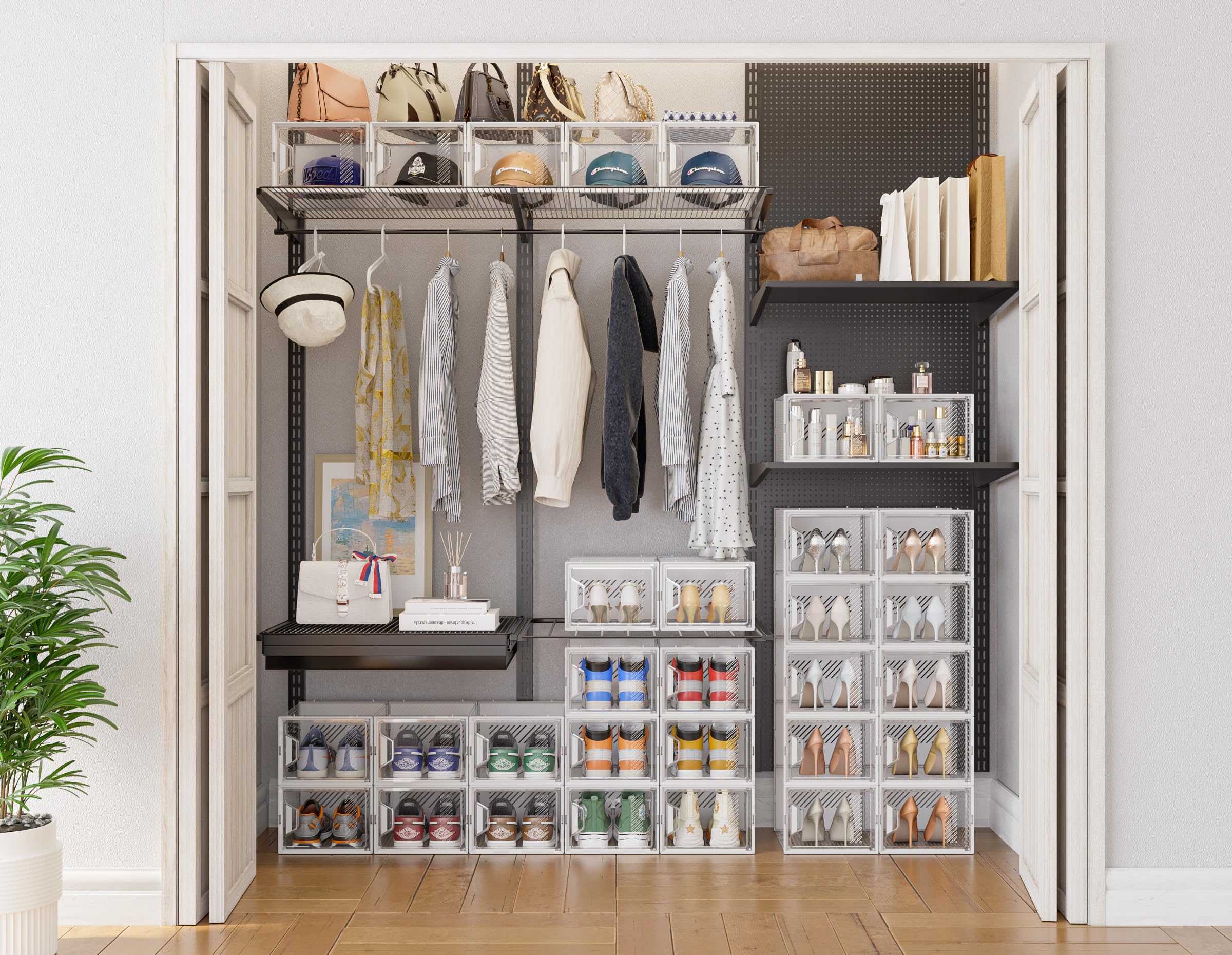 SIMPDIY XL Cajas para Zapatos, 12 Organizador Zapatos Transparentes Apilables con Puertas de Imán y Palillos Aromáticos, Zapatero Plastico hasta Talla EU 46, Blanco