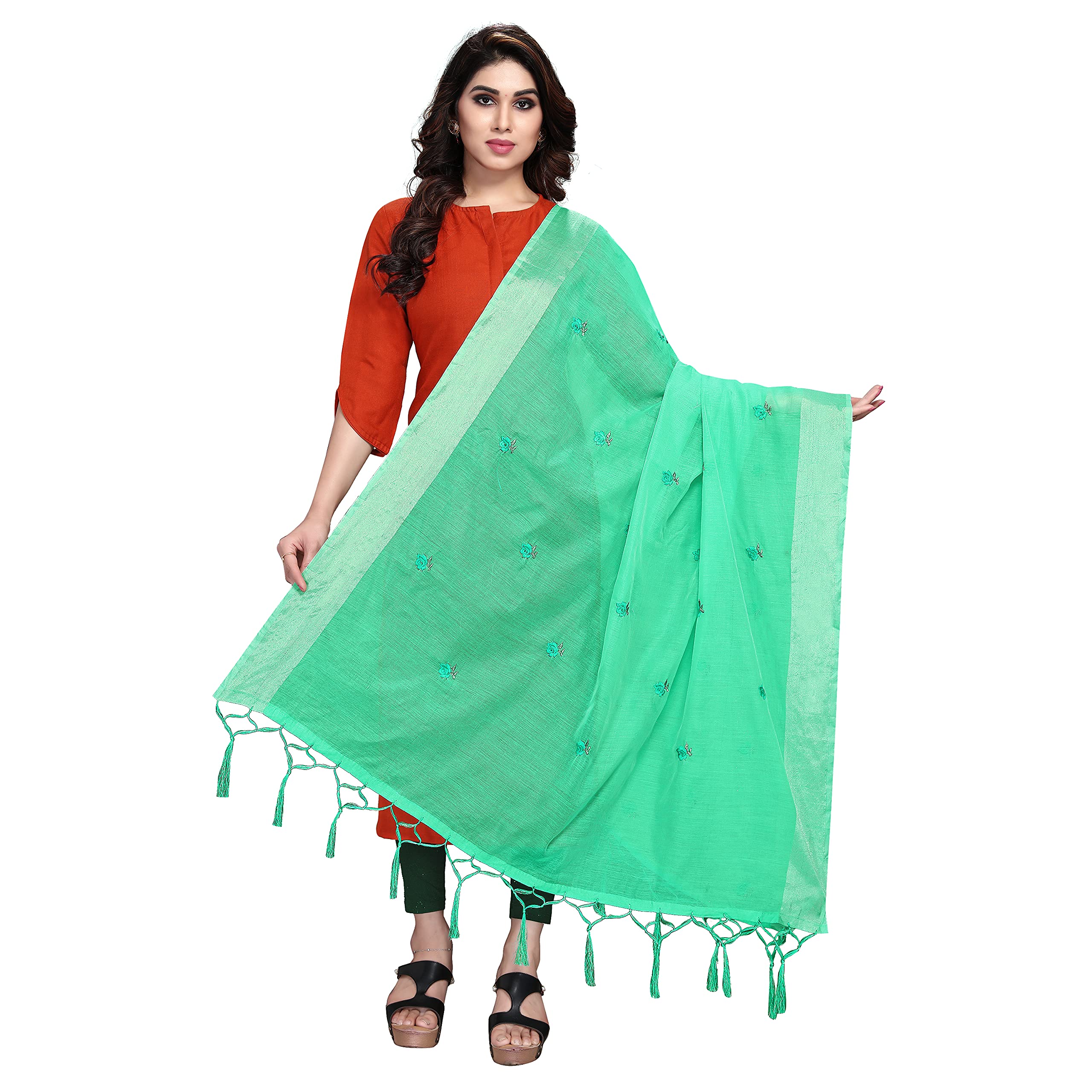 Sidhidata Textile Women's Embroidered Cotton Silk Dupatta With Tassels (2.20 Mtr)