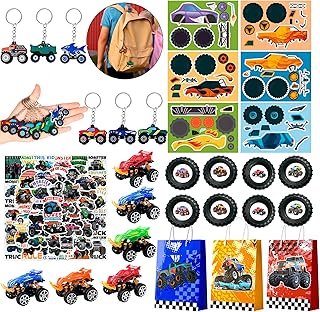 Monster Truck Favors, 110pcs All-In-One Mini Monster Trucks Party Favors Pack Including Monster Truck Theme Keychain Bags Stickers Toys Ring etc Monster Truck Birthday Party Favors for Boys Kids