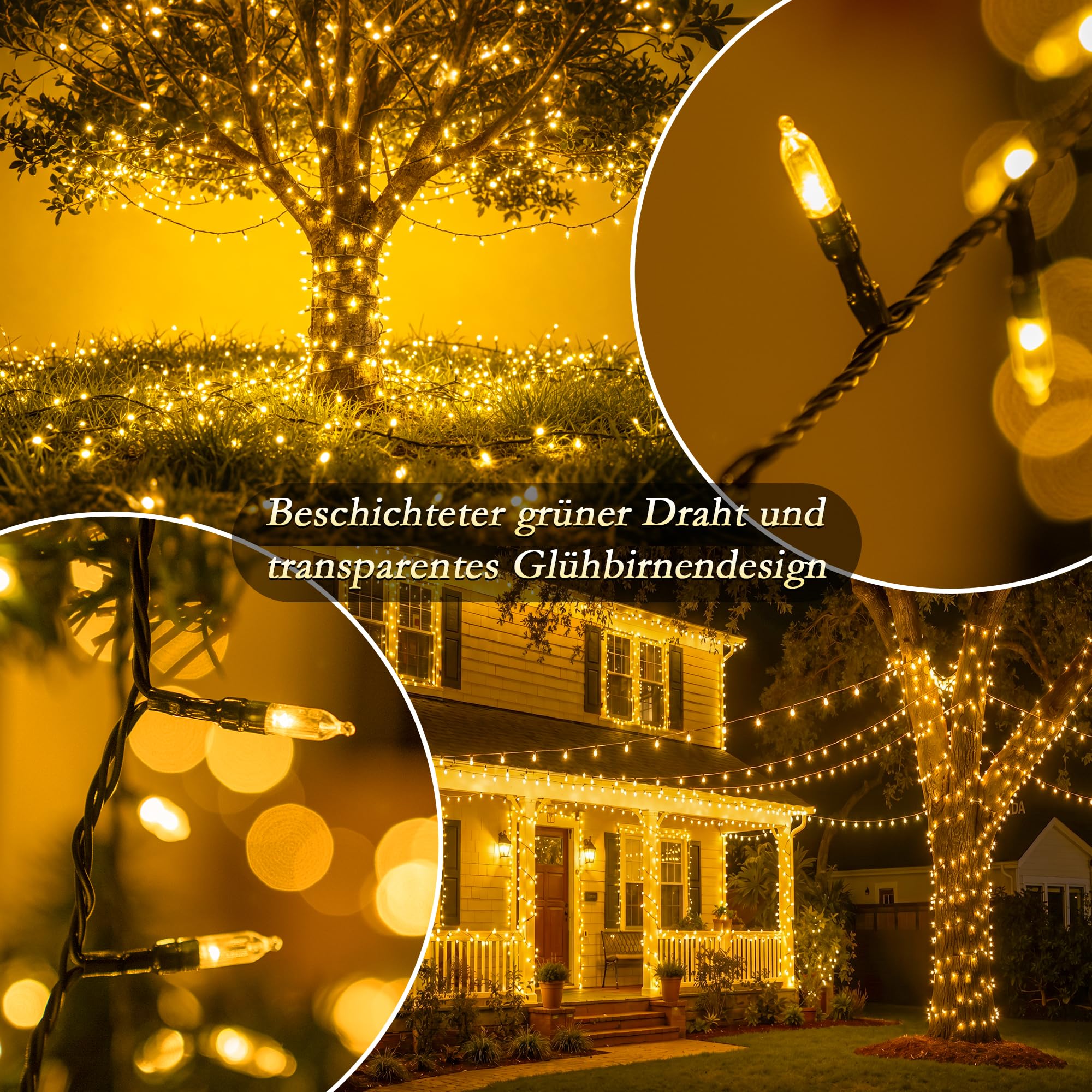 Cadena de luces para exteriores, blanco cálido, 25 m, 500 LED con cable verde, IP44, impermeable, regulable, 8 modos, temporizador y mando a distancia, cadena de luces para jardín, balcón