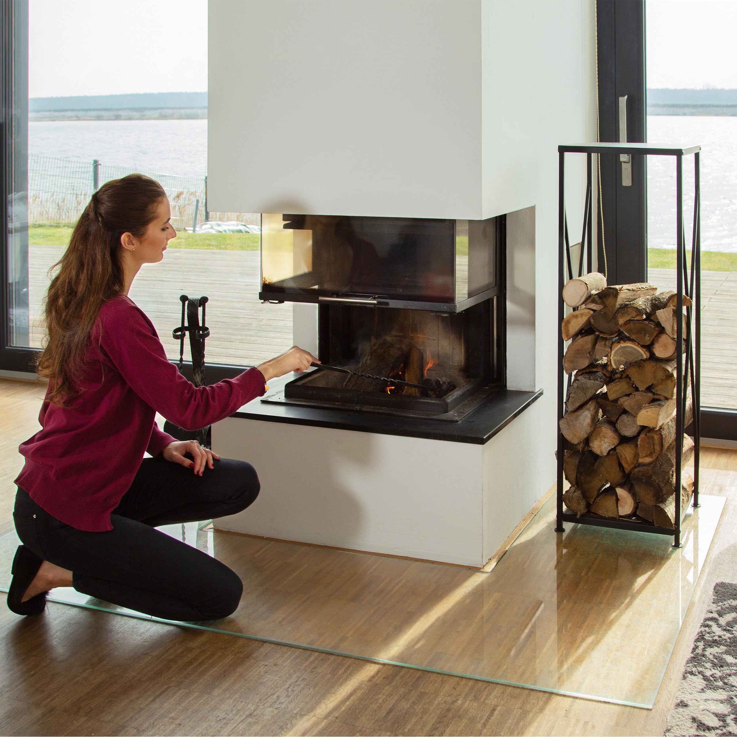 Relaxdays Etagère de Cheminée Rangement bûches Bois Acier Panier Bois Porte-bûches HxlxP: 111x34x34 cm, Noir