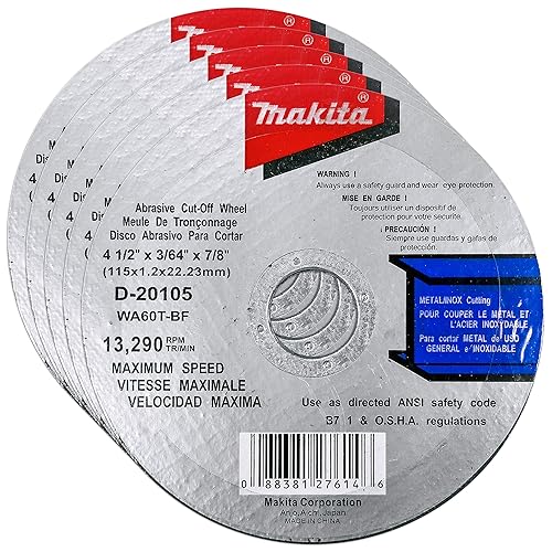 Makita Paquete de 5 ruedas cortadas de 45 pulgadas para amoladoras de 45 pulgadas corte agresivo para metal y acero inoxidable INOX 4-12 pulgadas x Makita Paquete de 5 ruedas cortadas de 45 pulgadas para amoladoras de 45 pulgadas corte agresivo para metal y acero inoxidable INOX 4-12 pulgadas x