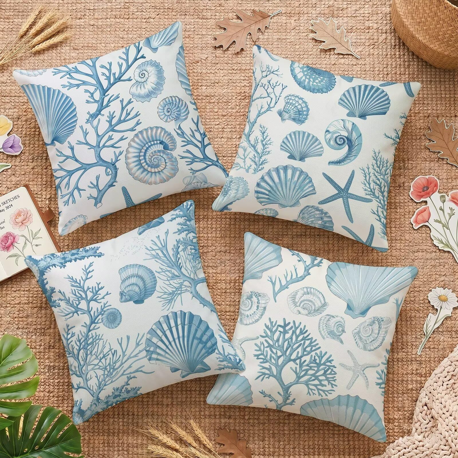Housse de coussin 35x35cm lot de 4 coquille océan pour votre salon de jardin