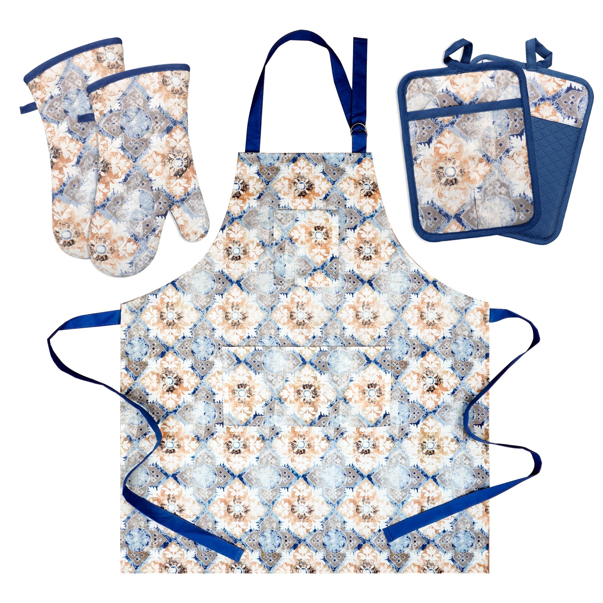 Oven Mitts and Pot Holders with Cooking Apron Set of 5