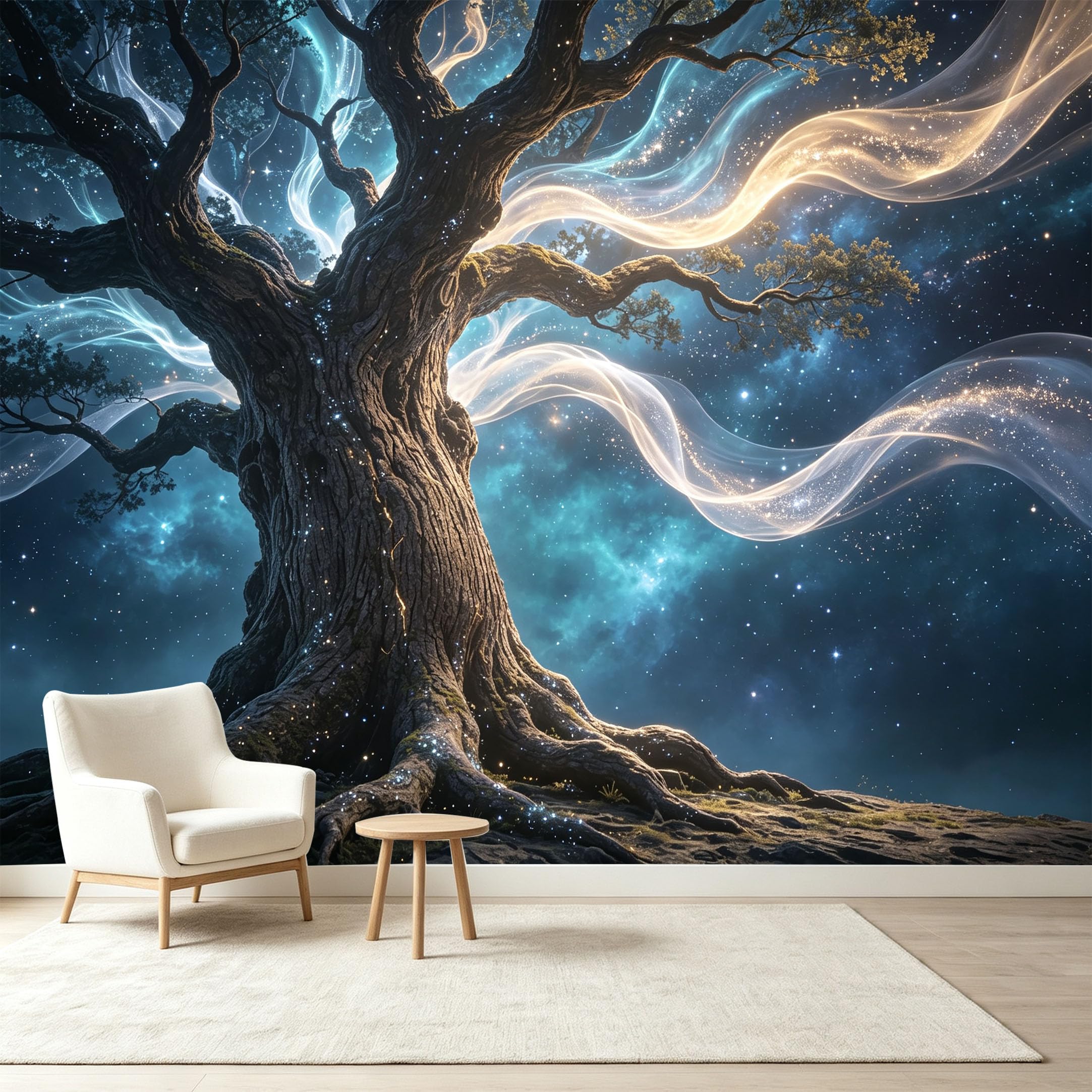 Custom Size Wall Murals Cosmic Ancient Tree Nebula Energy Galaxy Wall Decor Self-Adhesive Wall Fabric Removable Wallpaper Wall Decor for Living Room Bedroom Bathroom