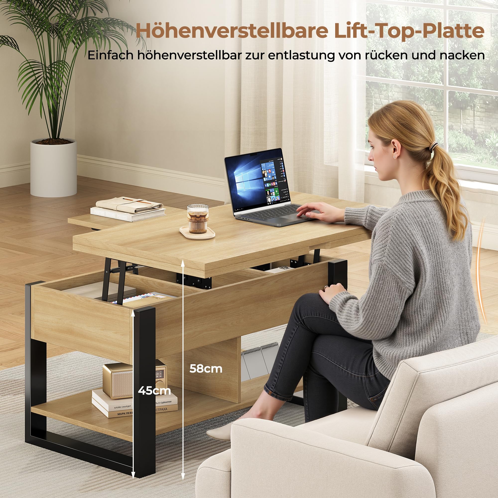 Couchtisch Höhenverstellbar und Ausziehbar, 4-in-1 Wohnzimmertisch Höhenverstellbar Holz, Rechteckiger Couchtisch Aufklappbar mit Stauraum, Wandelbar zum Esstisch, Eiche Natur