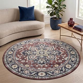 Homaxy Vintage Teppich Wohnzimmer Waschbarer 120 cm Rund, Retro Rot/Beige