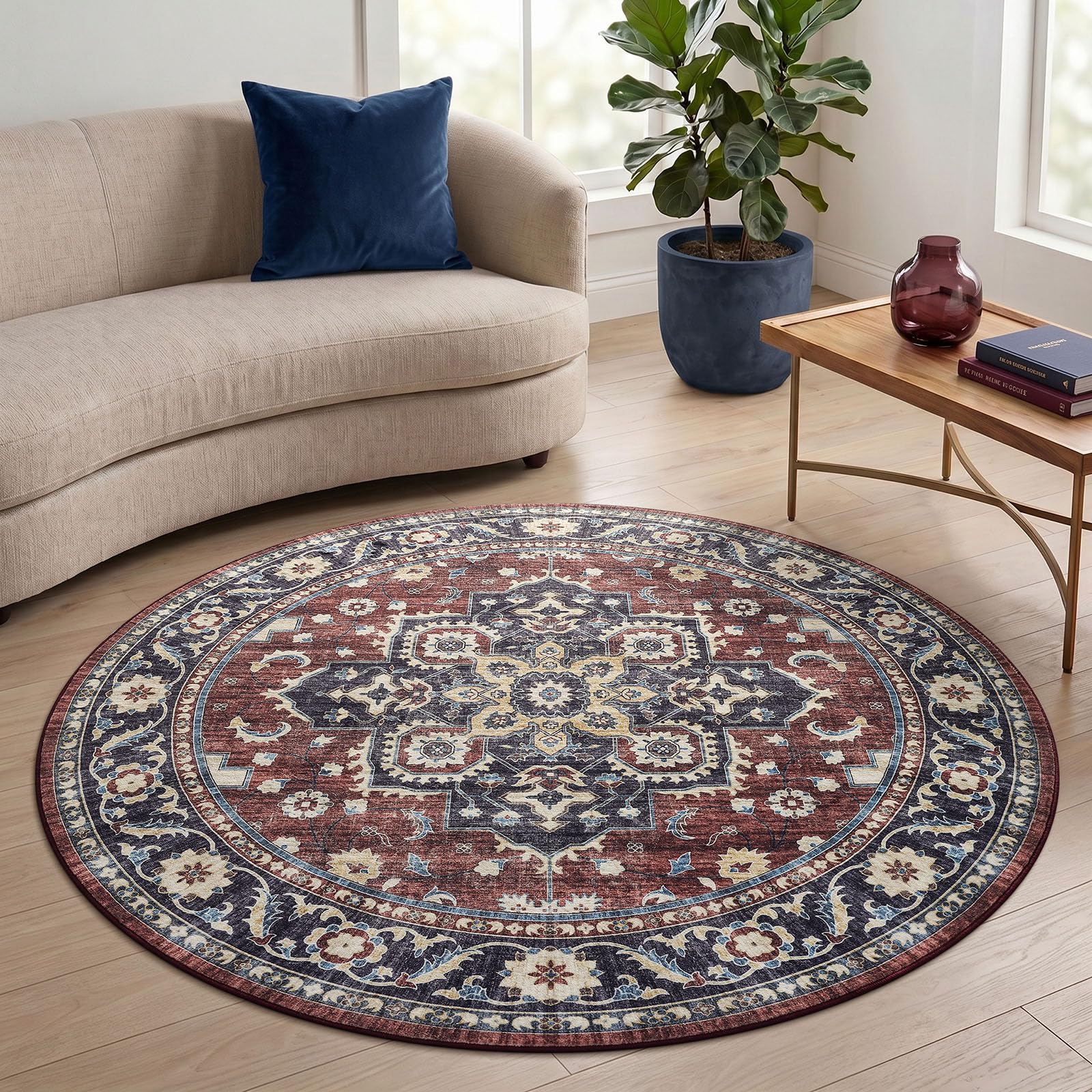 Homaxy Vintage Rugs Living Room Washable Anti Slip Small Rug Low Pile Boho Lounge Carpet for Bedroom, Nursery, Kitchen - 120 cm Round, Retro Red/Beige