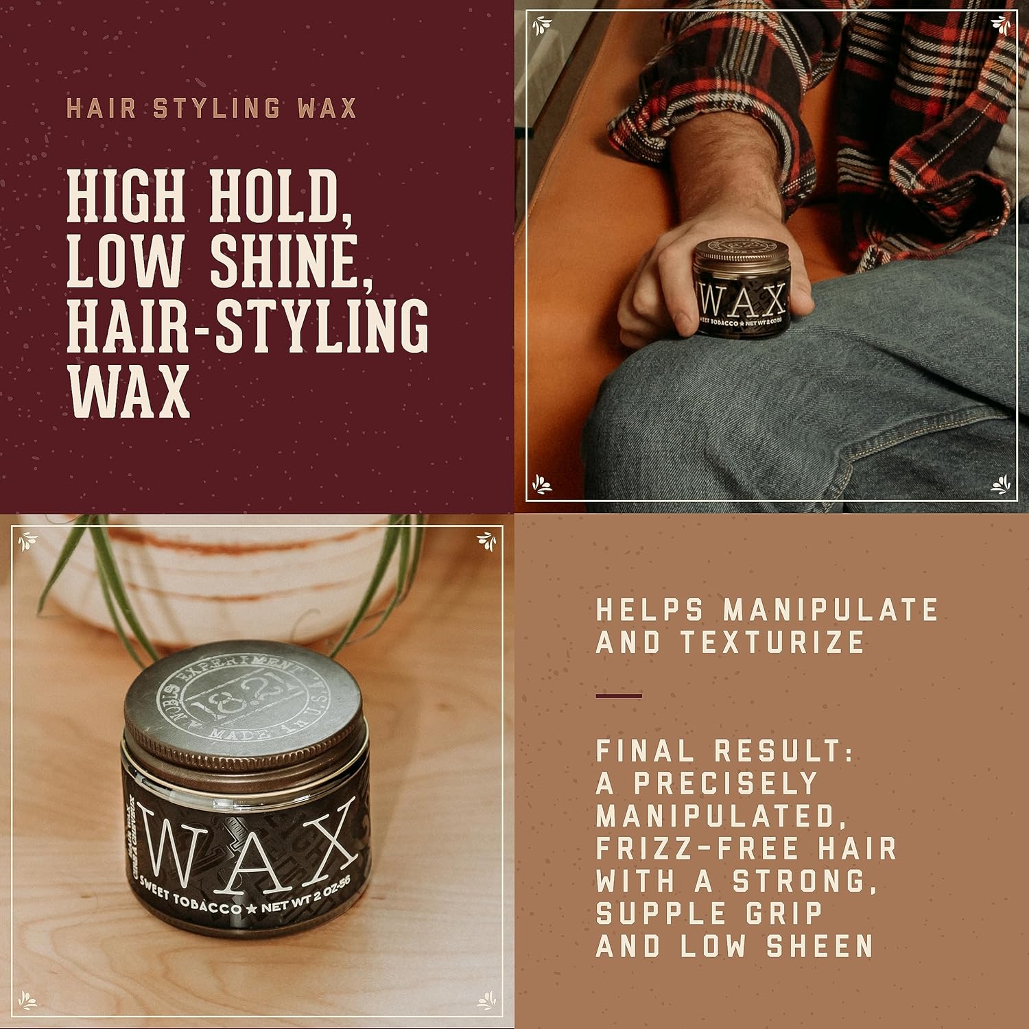 18.21 Man Made Hair Styling Product, 2oz. Original Sweet Tobacco Scent in Wax with Low Shine Finish - Image 2