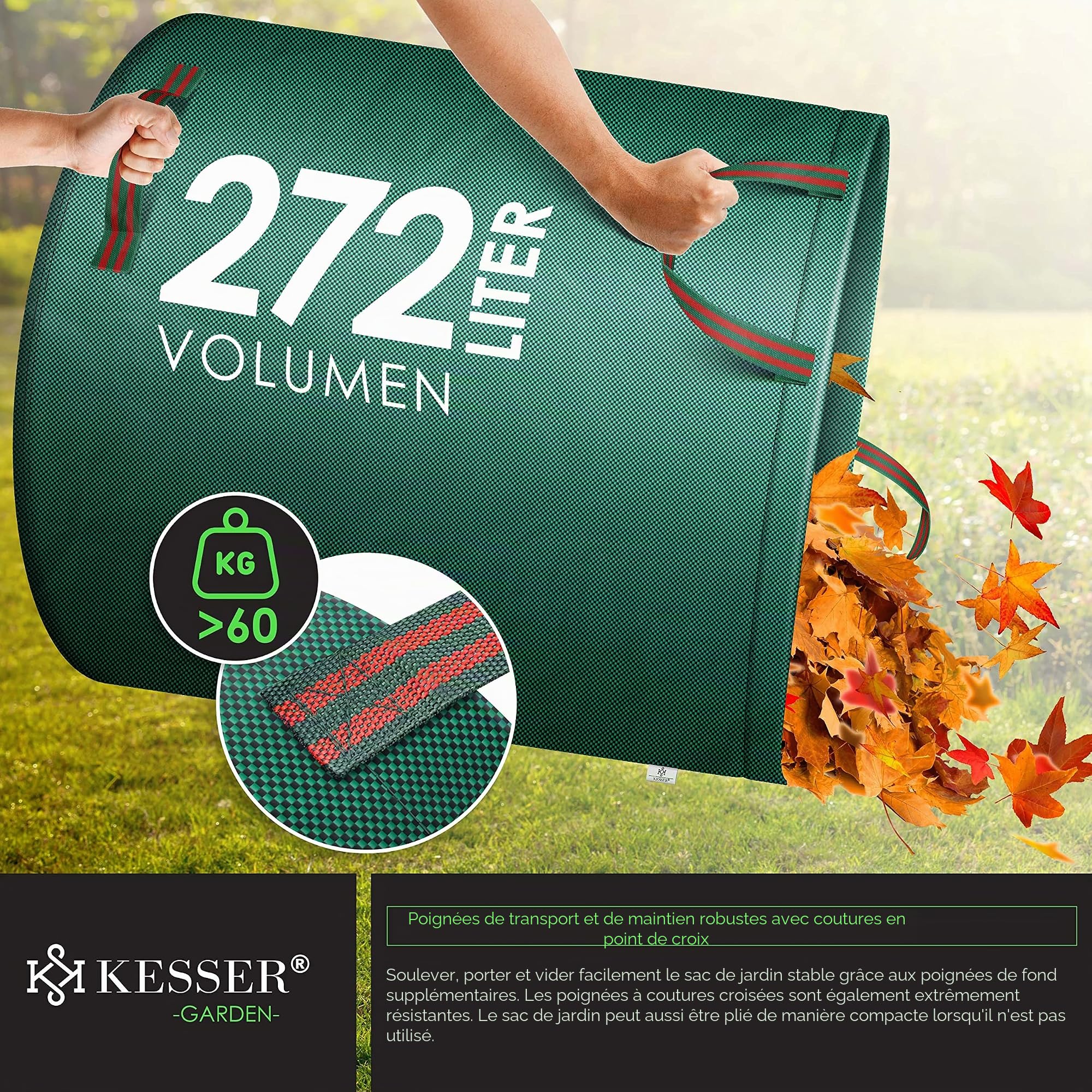 KESSER® Sacs de jardin 6x 272L Set sac à feuilles Sac à déchets de jardin + gants - Autonome 4 poignées Stable Robuste pliable Sacs à feuilles Tontes de gazon Sacs de jardin pour déchets jardin Vert