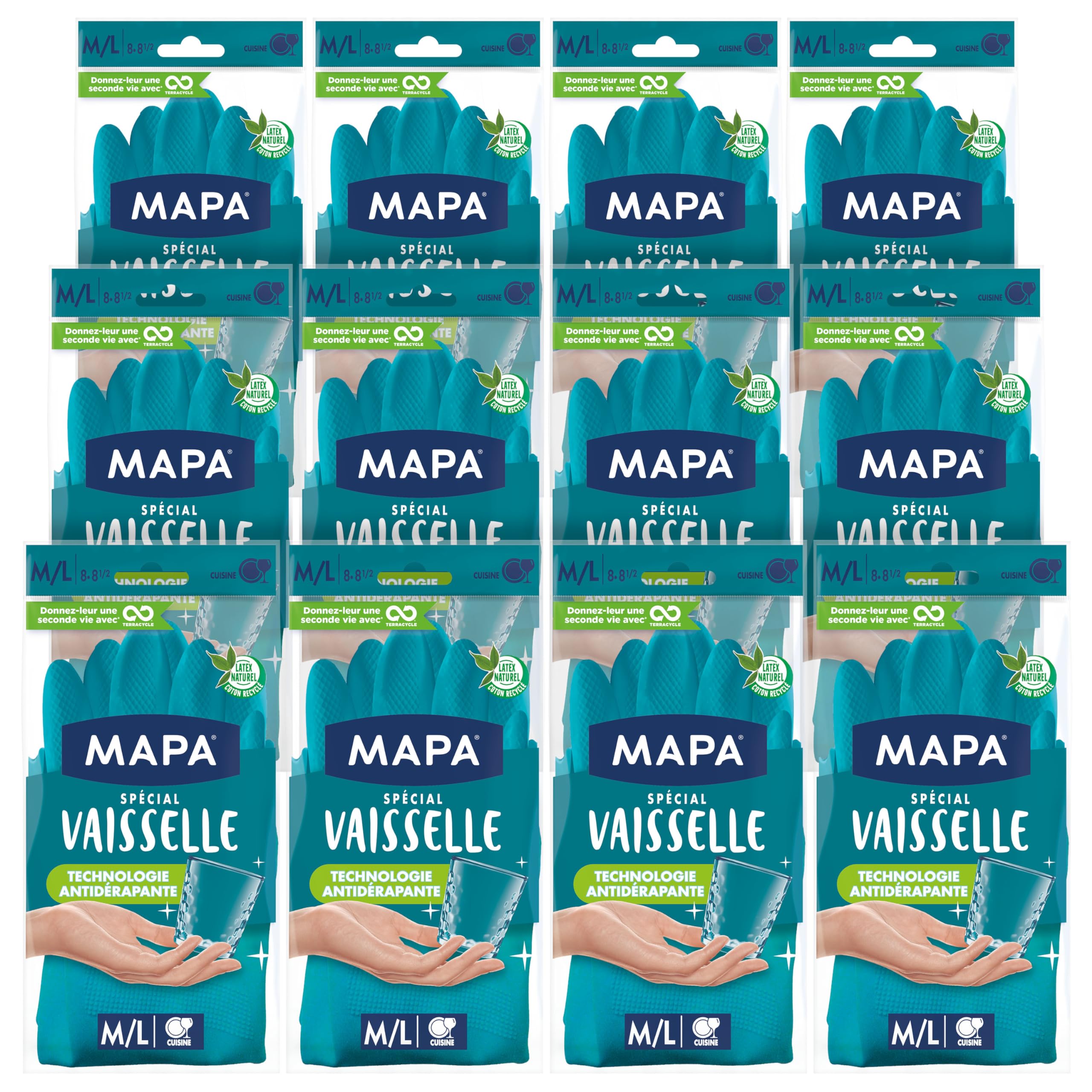 MAPA - Spécial Vaisselle - Gants de Ménage Antidérapants mix Latex et Nitrile - Intérieur Coton - Séchage express - 12 paires - Taille S/M