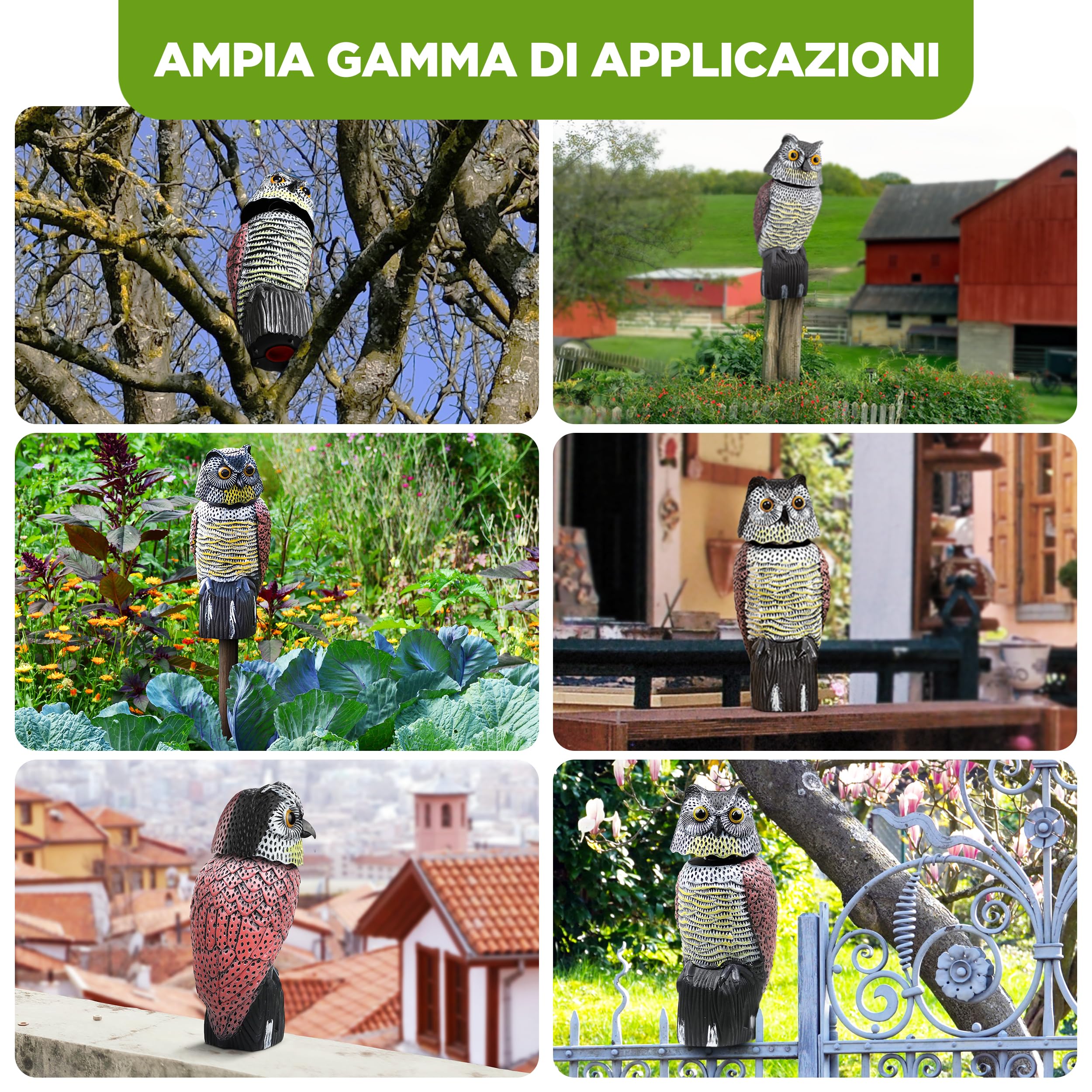 ISOTRONIC richiamo Gufo Controllo Uccelli spaventapasseri Realistico Testa oscillante Repellente piccioni Giardino Balcone frutteto 1 Pezzi Efficace Esterno Protezione Difesa Stop volatili visivo