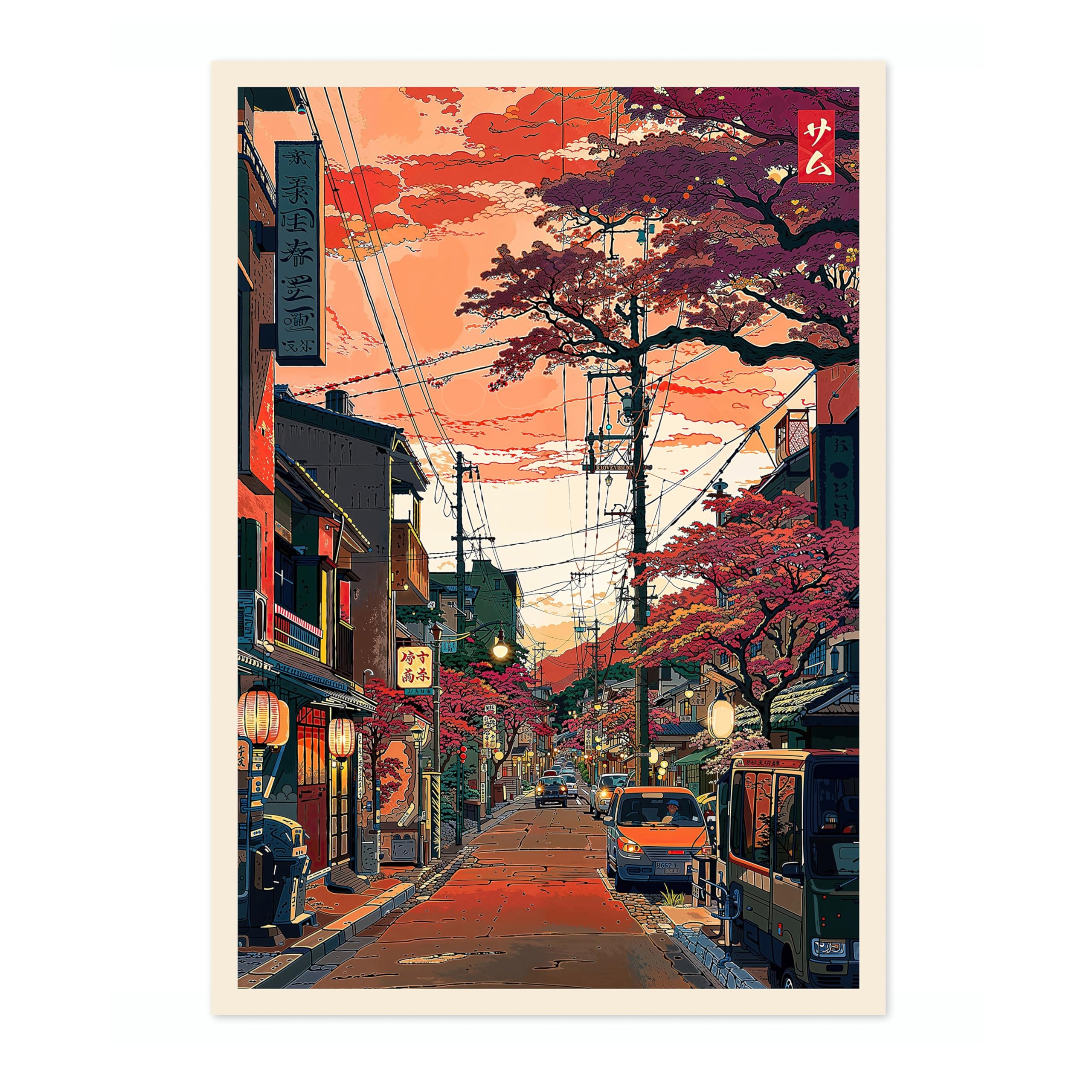 Tokyo Suburb Anime Woodblock Poster Modern Ukiyo-E, Japanese Cartoon Illustration Print, Archival Matte, A4 (Print Only) - 29.7x21cm
