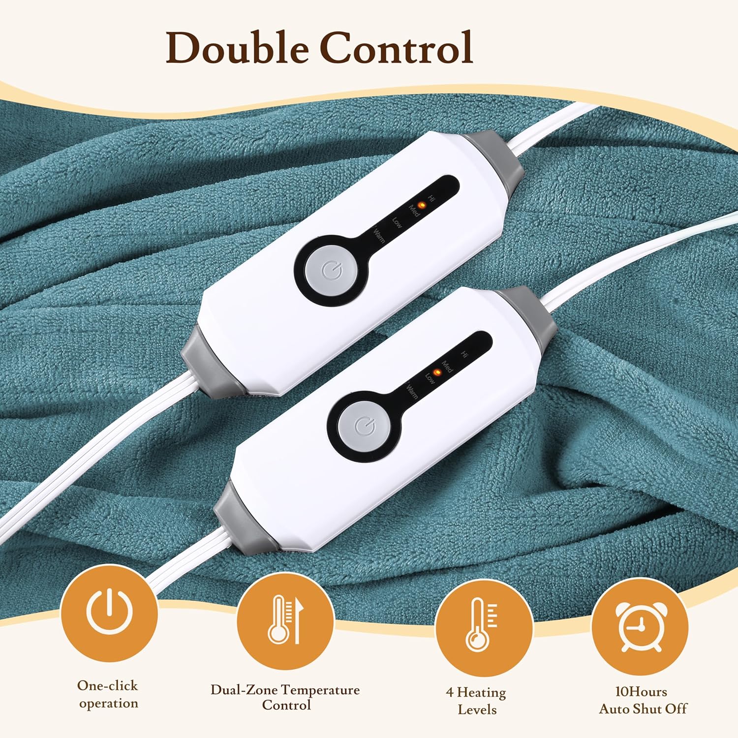 Electric Heated Blanket 84"x90" Queen Size - 4 Heat Settings & Dual Controllers, 10H Auto Shut Off, Ultra-Soft Coral Fleece Heated Blanket with Overheat Protection, Teal - Image 4