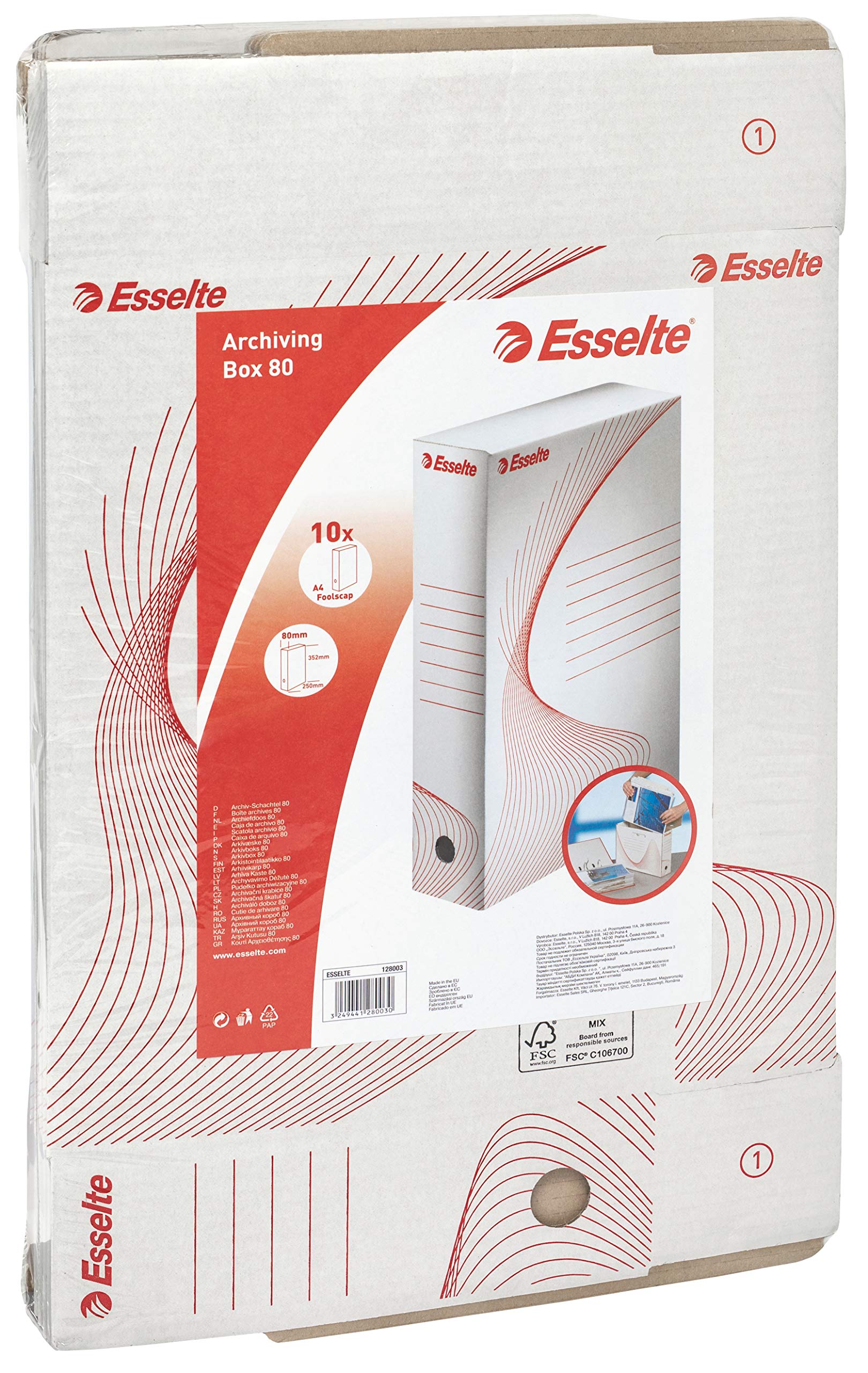 Esselte - 128003 - Boîte à Archive Standard, 80 mm, A4, Boîte Transfert, Carton Ondulé Sans Acide, Lot de 10, Capacité 600 Feuilles, Blanc