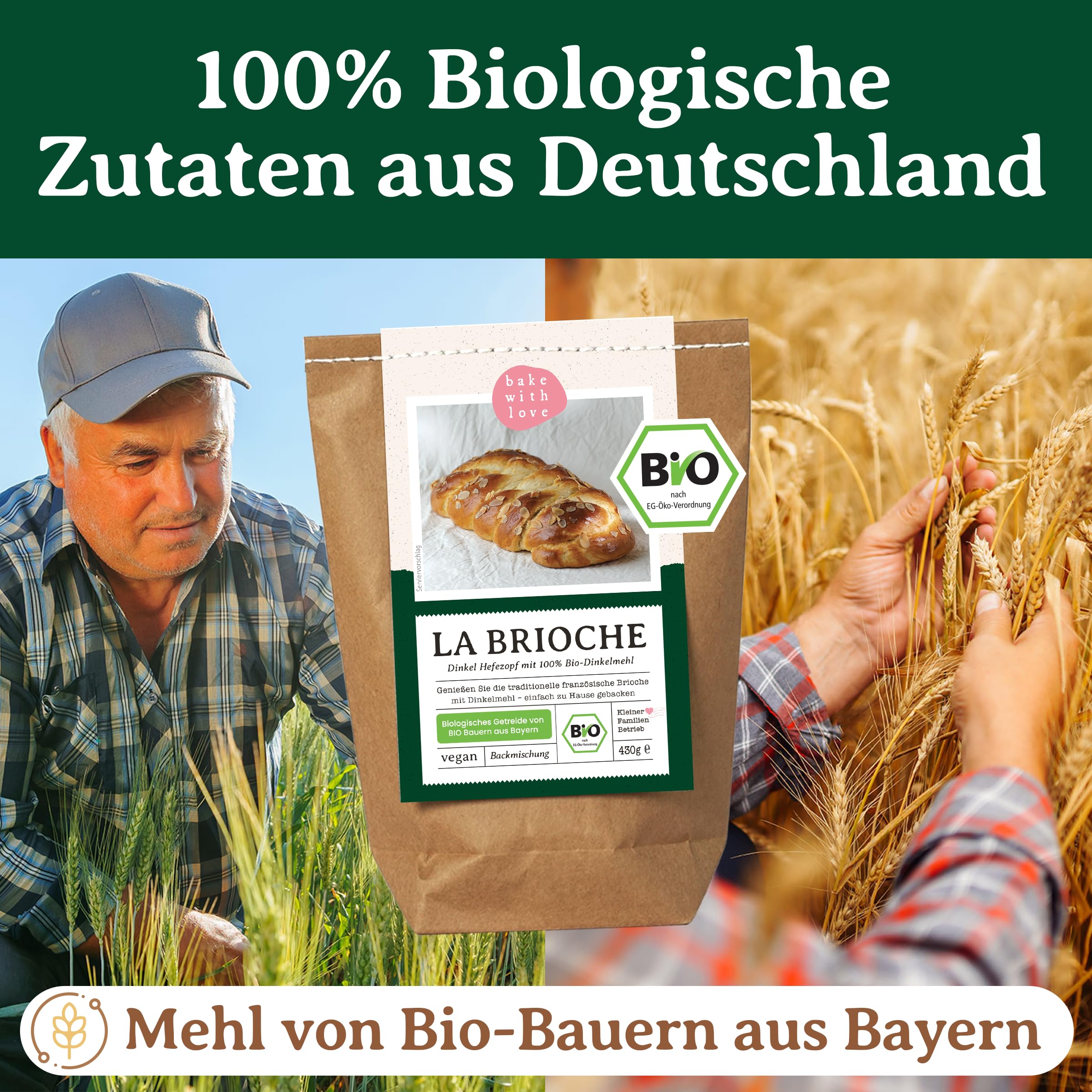 Bio Dinkel Brioche Backmischung – 100 % Dinkelmehl, ohne Weizen – für Zimtschnecken, Hefezopf, Osterzopf & süßes Hefegebäck – für Ofen & Brotbackautomat – Bake with Love – 10er Pack