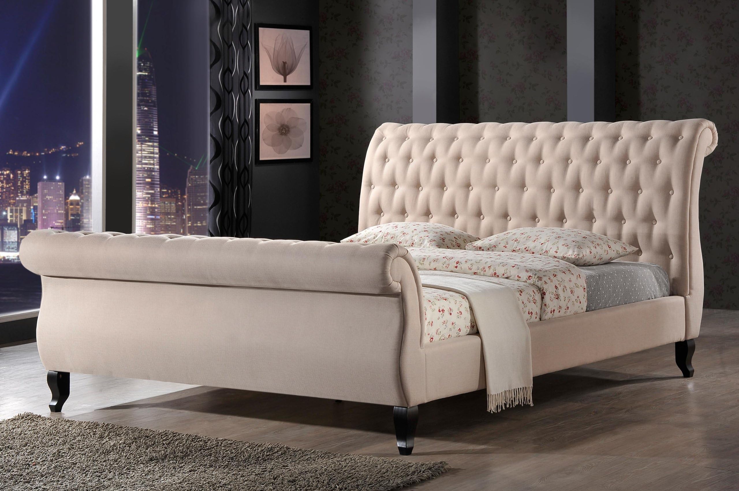 LuXeo Nottingham Sleigh Upholstered Platform Bed, Sand, Queen