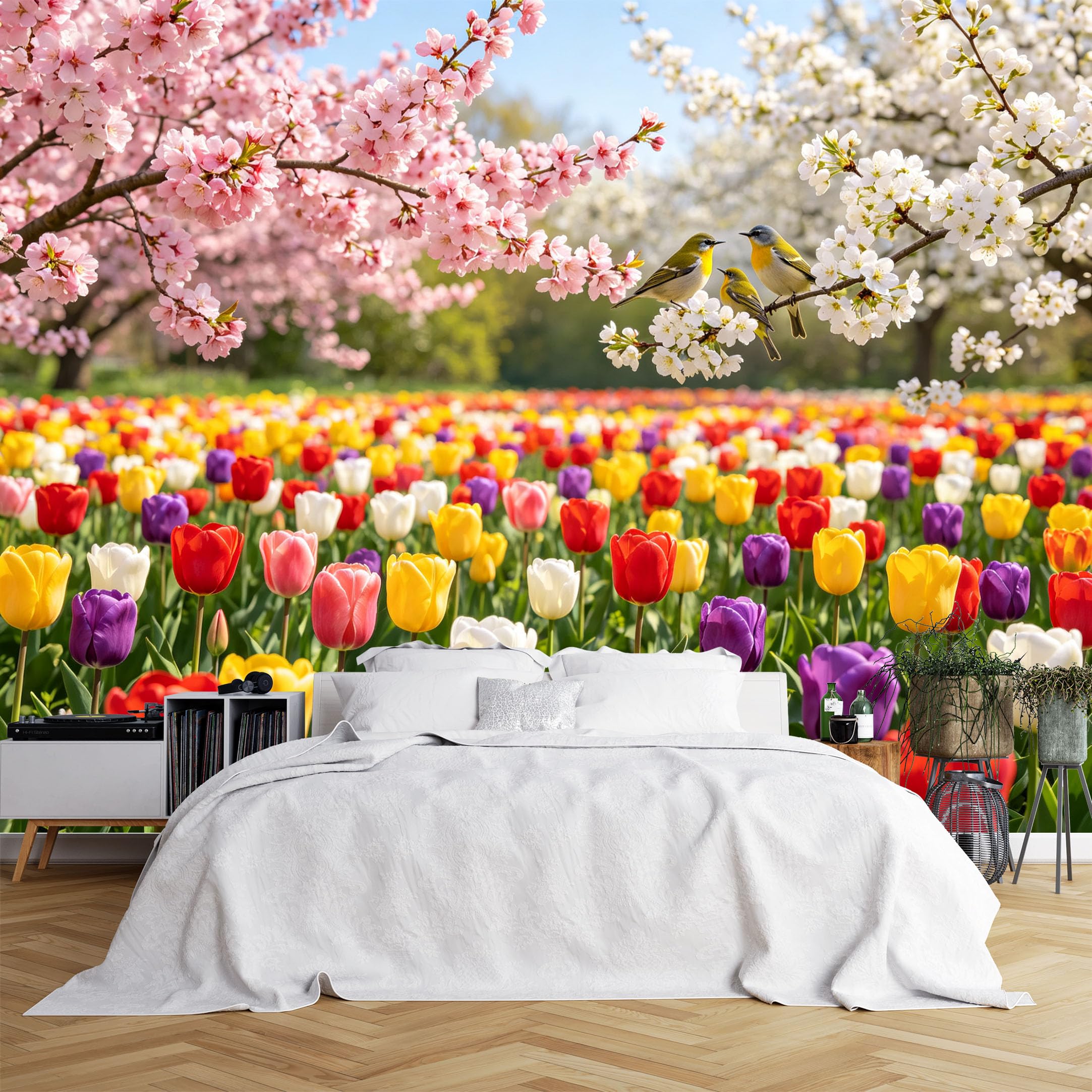 Lcythiazole Ch260615198 Custom Size Wall Murals Cherry Blossom Tulip Field Little Birds Spring Garden Hd Home Decor Self-Adhesive Wall Fabric (No Pvc) Removable Wallpaper For Kids Bedroom
