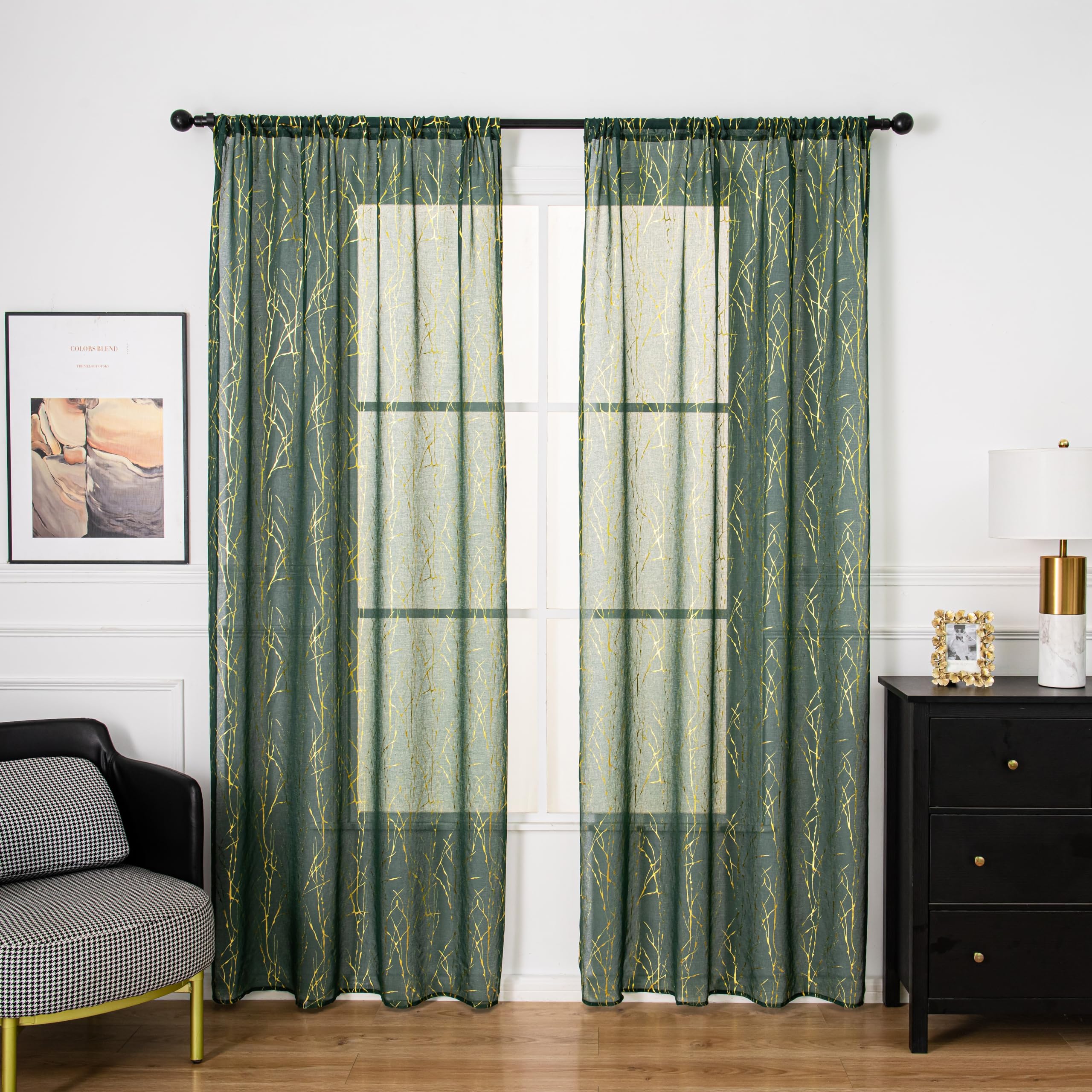 Sutuo Home Sheer Curtains 84 Inches Long 2 Panels Set, Gold Foil Print Metallic Bronzing Branch - Image 2