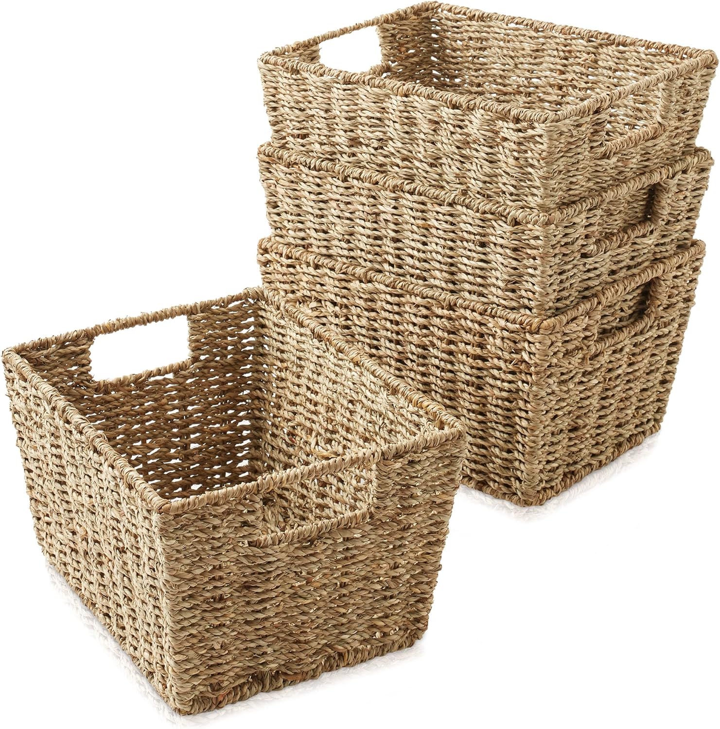 Casafield Set of 4 Seagrass Hyacinth Storage Baskets with Handles - Natural, Woven Storage Bins for Shelves, Blankets, Laundry Organization