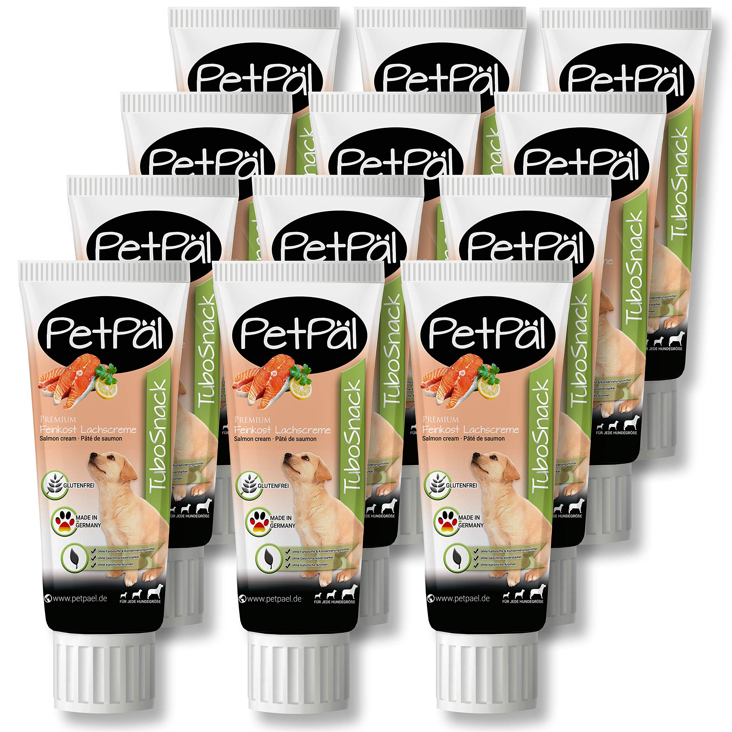PetPäl Saucisse pour Chiens TuboSnack - Lot de 12: Crème de Saumon en Tube - Premium Friandise naturellement délicieuses sans Céréales, Sucre, Sel - Aussi pour Les Chiots - Made in Germany