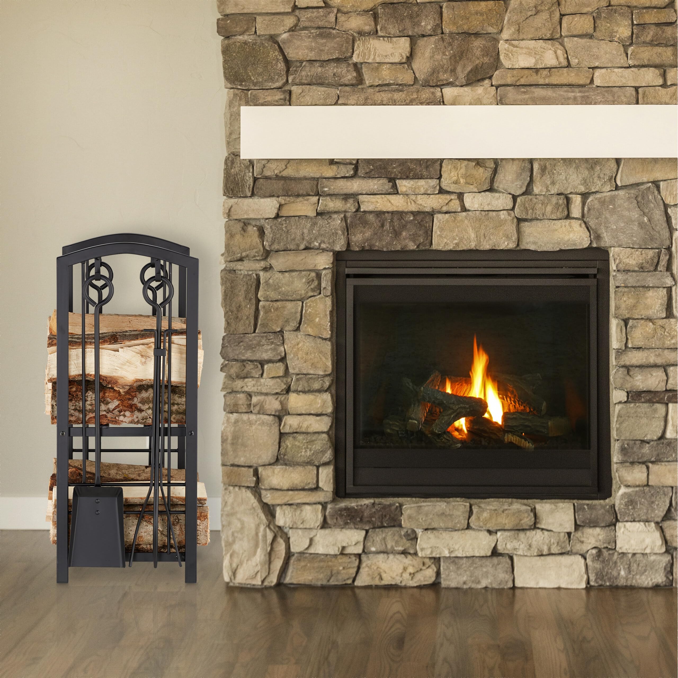 Relaxdays Portalegna con 4 Accessori, 2 Ripiani, Acciaio, da Camino, Paletta, Scopino, Pinza & Attizzatoio, 73 x 46 x 30 cm, Nero
