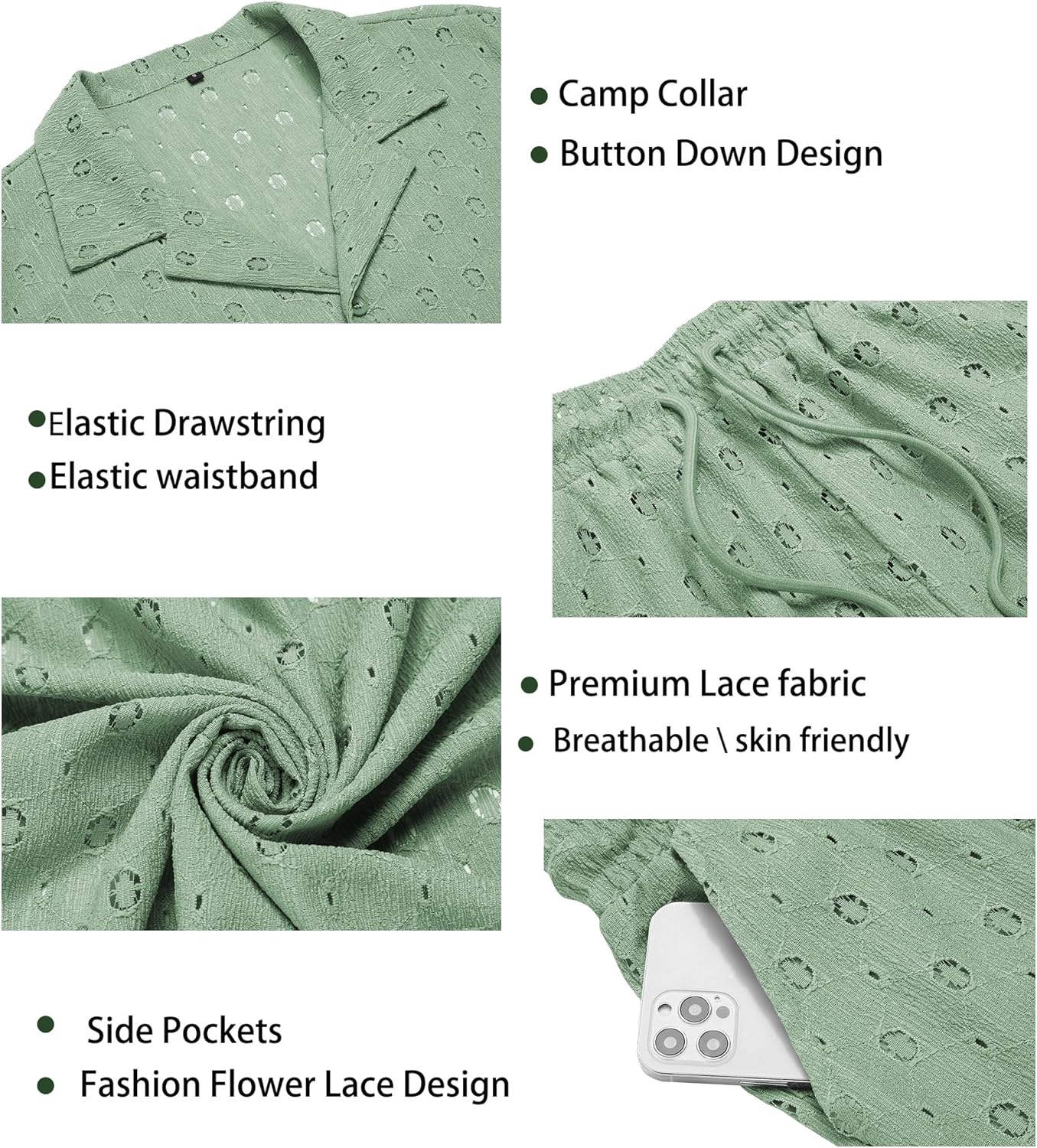 URRU Men's 2 Pieces Outfits Summer Beach Set See Through Sheer Short Sleeve Flower Lace Shirts and Shorts Sets - Image 5