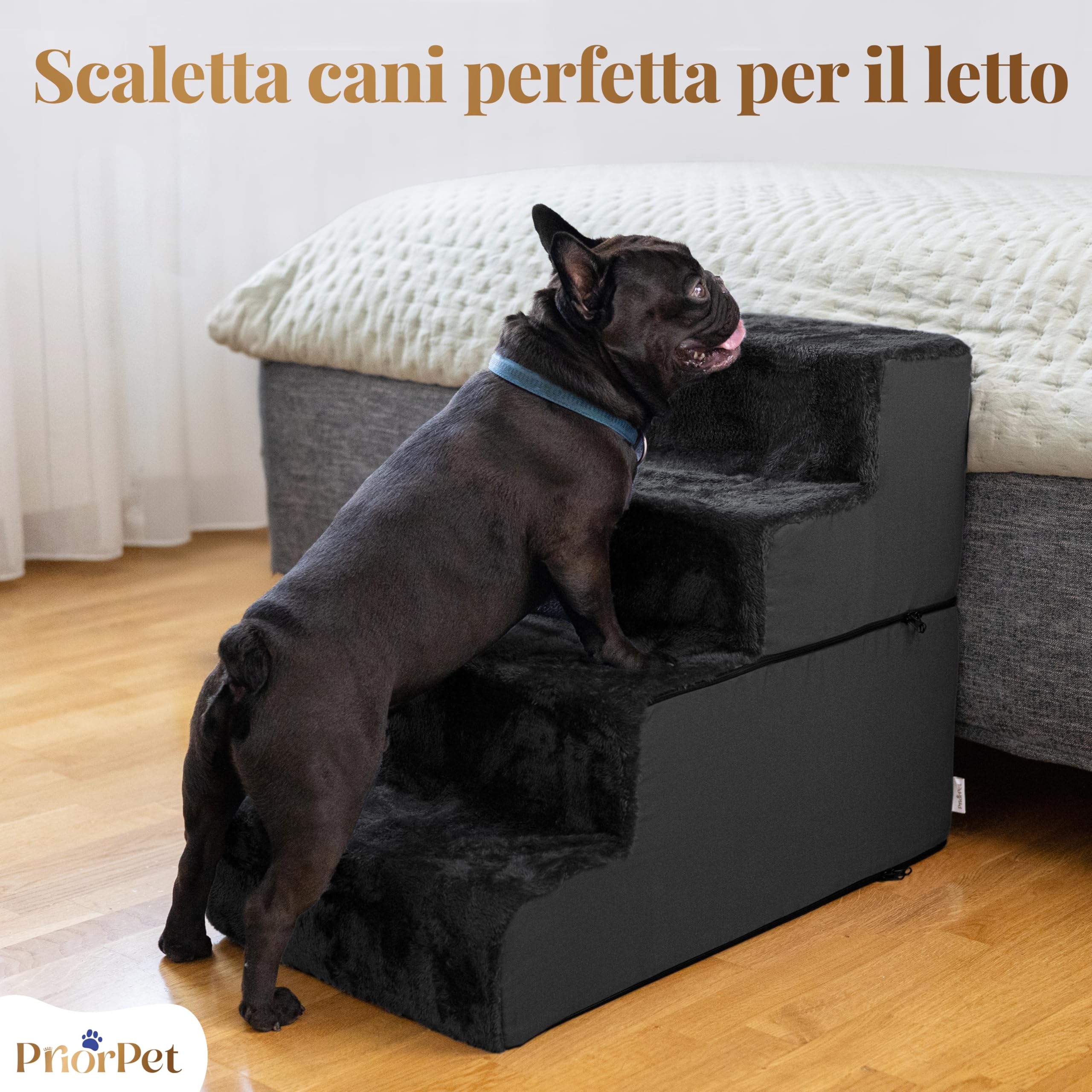 Scala per cani per letto e divano – 4 gradini altezza 58 cm – Schiuma per cani di piccola taglia – Scala per animali domestici sicura e stabile – Rivestimento rimovibile lavabile – Nero