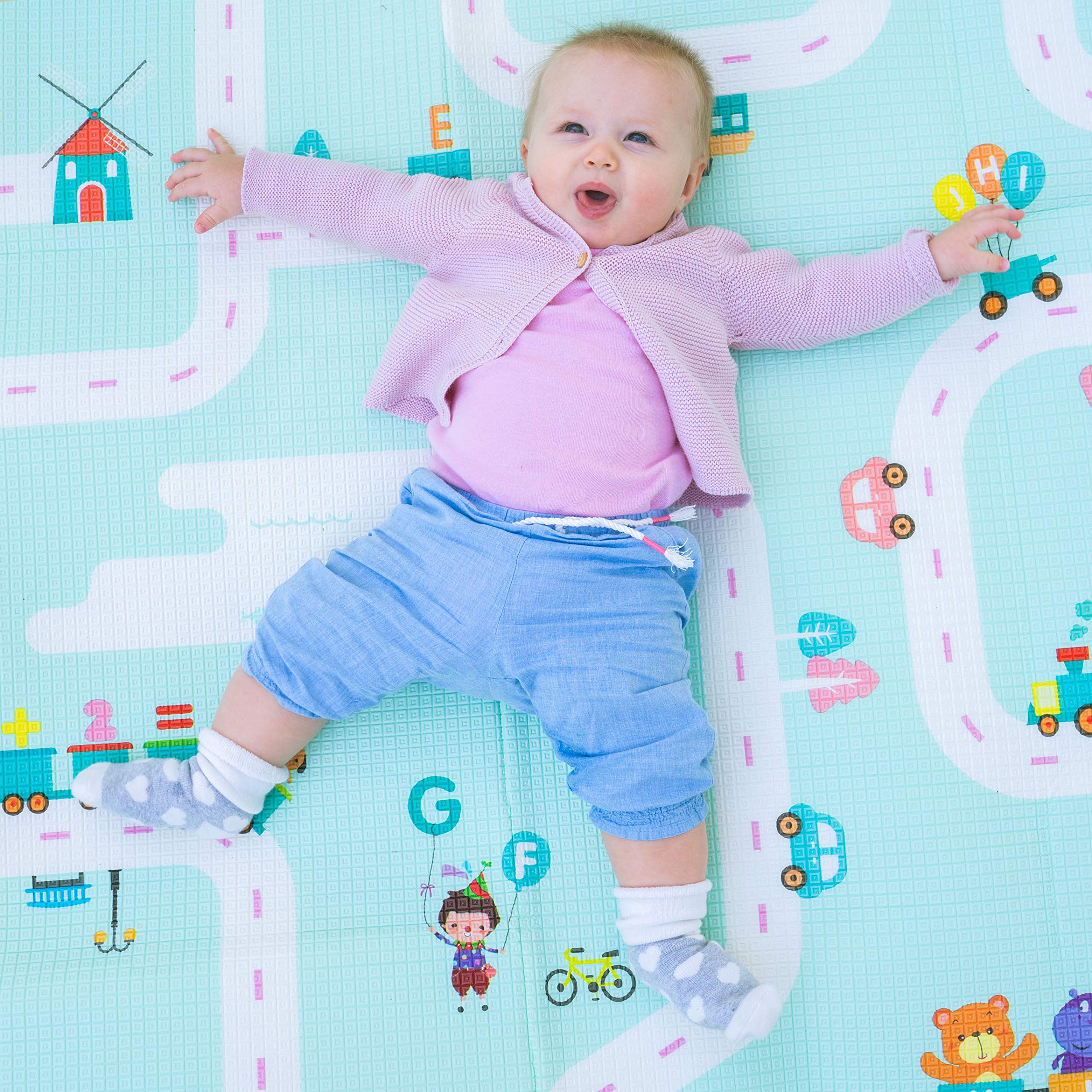 Tappeto Neonato Gattonamento Ripiegabile (con borsetta) Gioco e Divertimento Bambini con tanti Colori - Certificato CE (Bianco/Turchese)
