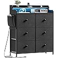 Rolanstar Dresser with Power Outlets and LED Lights, 8 Drawers Dresser with Side Pockets, Fabric Chest of Drawers with PU Finish, Tall Dresser with Sturdy Frame & Wood Top for Bedroom, Black