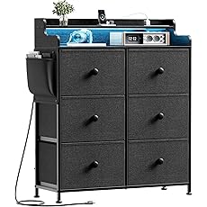 Rolanstar Dresser with Power Outlets and LED Lights, 8 Drawers Dresser with Side Pockets, Fabric Chest of Drawers with PU Finish, Tall Dresser with Sturdy Frame & Wood Top for Bedroom, Black