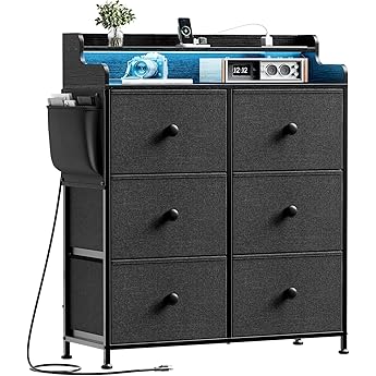 Rolanstar Dresser with Power Outlets and LED Lights, 8 Drawers Dresser with Side Pockets, Fabric Chest of Drawers with PU Finish, Tall Dresser with Sturdy Frame & Wood Top for Bedroom, Black