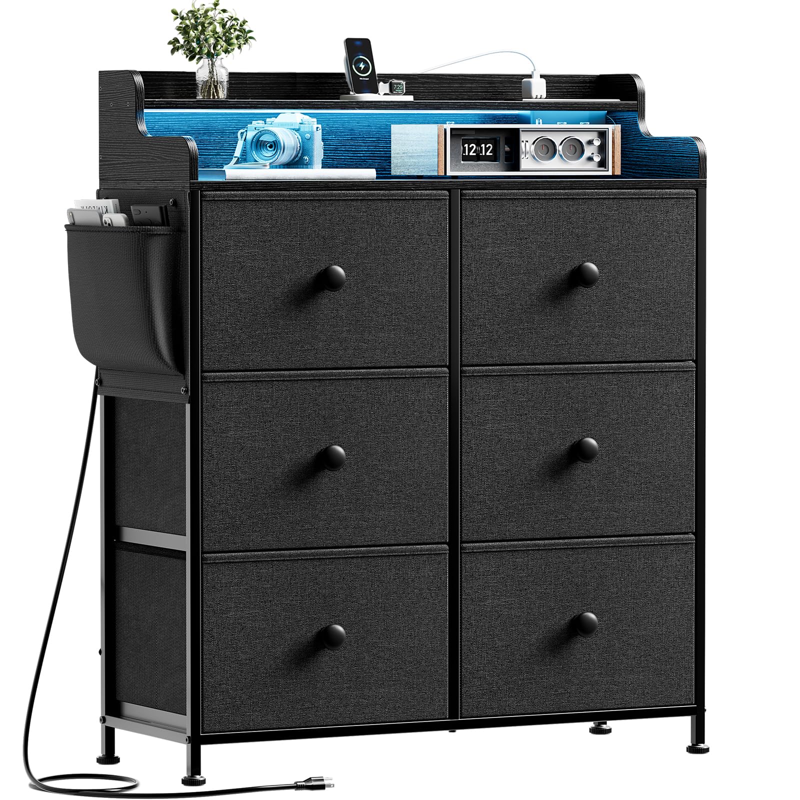 REAHOME Dresser for Bedroom with Charging Station and LED Lights, 6 Drawers Dresser TV Stand with Wooden Top, Tall Fabric Chest of Drawer with Sturdy Frame for Closet, Living Room, Hallway, Black Gray