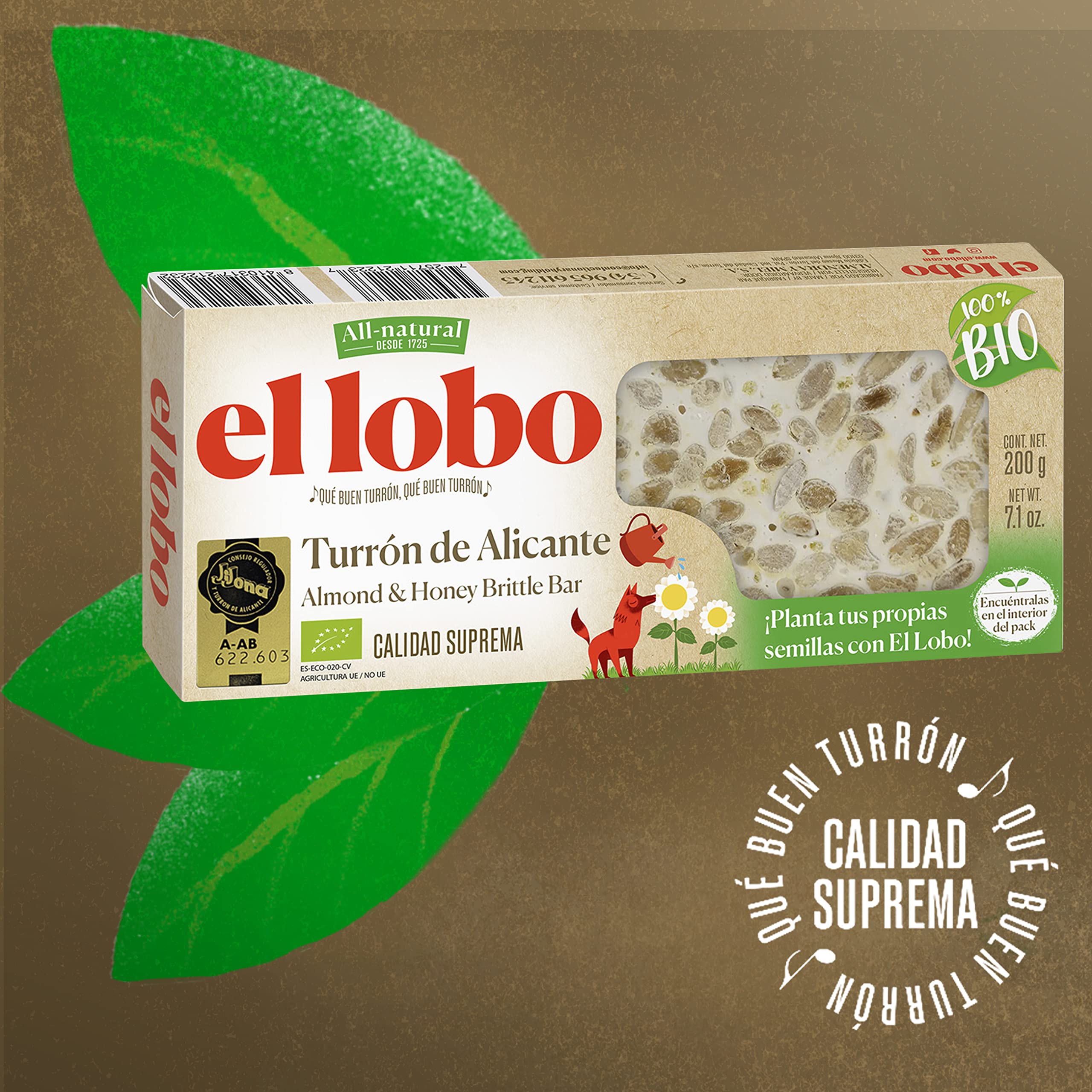 EL LOBO - Turrón de Alicante 100% BIO 200g, "All Natural", Ecofriendly, Turrón Tradicional, Ingredientes Naturales, Textura Crujiente, Calidad Suprema, Sin Gluten
