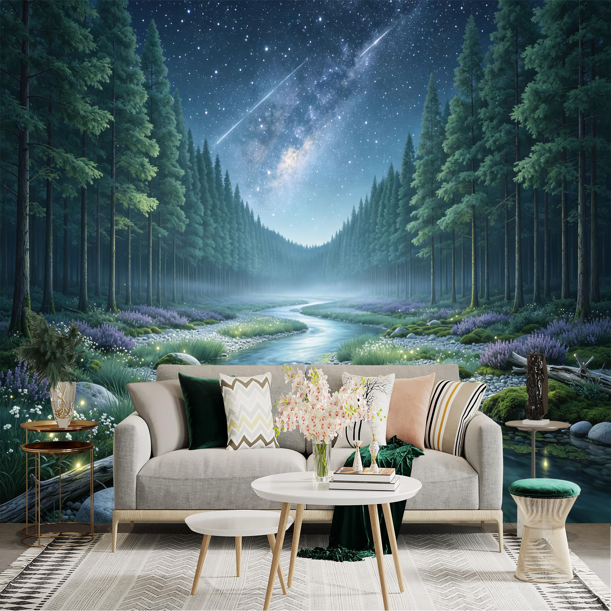 Lnzczhyre Bh260719049 Custom Size Wall Sticker Mural， Milky Way Over River， Enchanted Forest Landscape， Glowing Fireflies， Serene Nature Scenery， For Wall Decoration， Peelandstick Wall Decals.