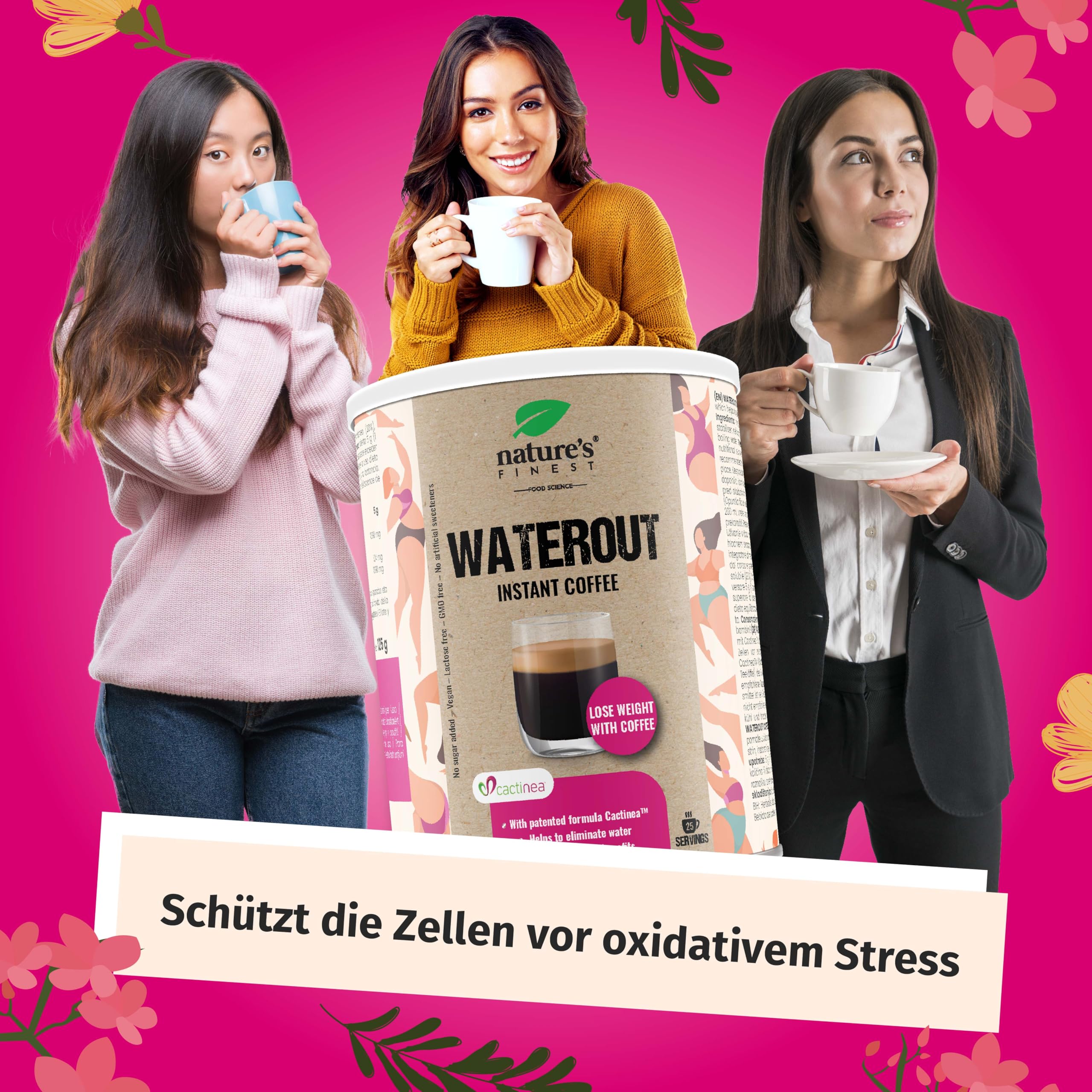 Nature's Finest WaterOut Coffee, Instant-Kaffee 375 g (3er Pack) | Instant-Kaffee (20 % Arabica) mit Cactinea Kaktusfeige - vegan, aromatisch, in Sekunden zubereitet