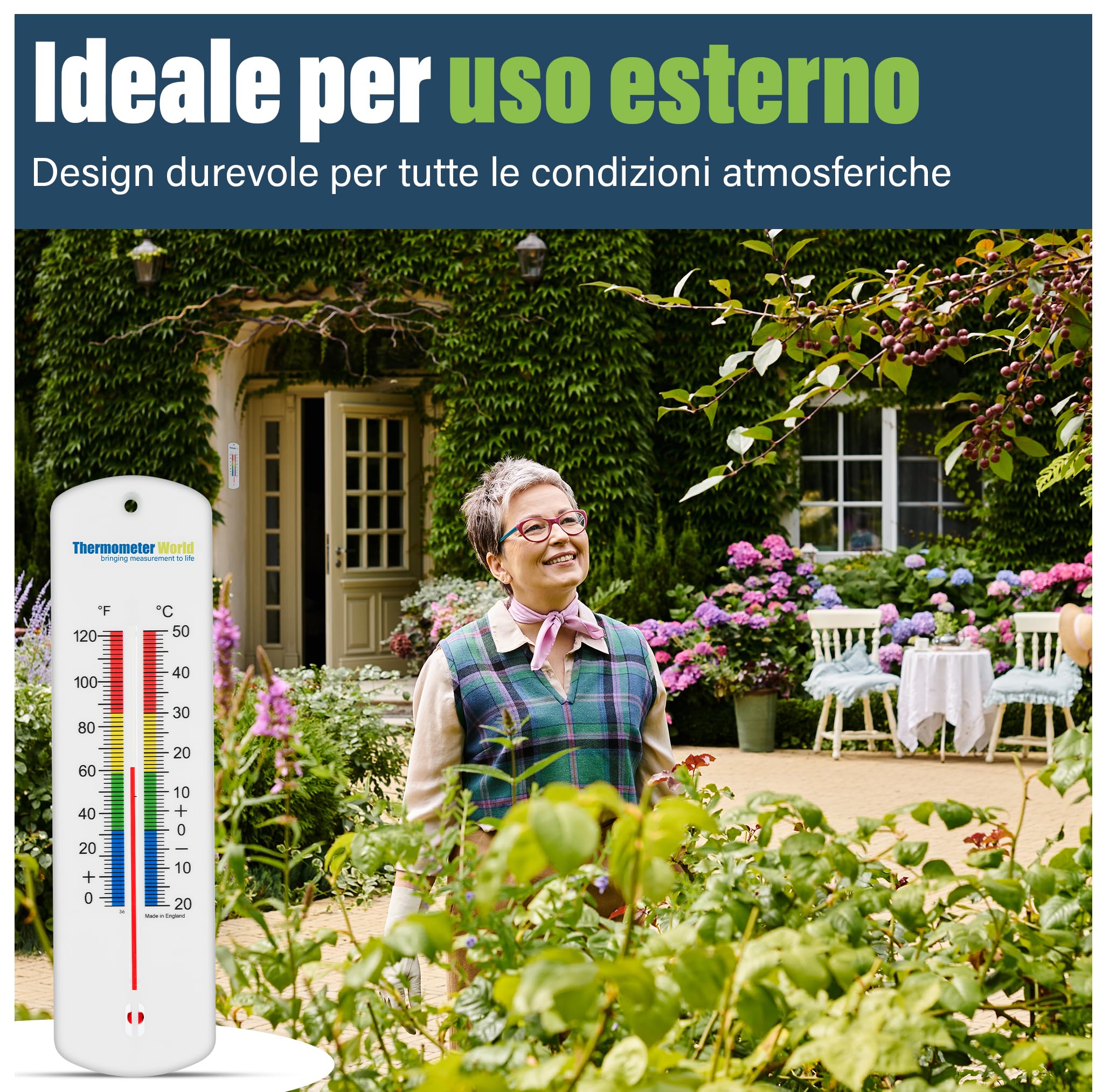 2 Termometri Da Parete Scala Celsius/Fahrenheit: Interni/esterni, Display Chiaro 196x43 Mm, Montaggio Facile